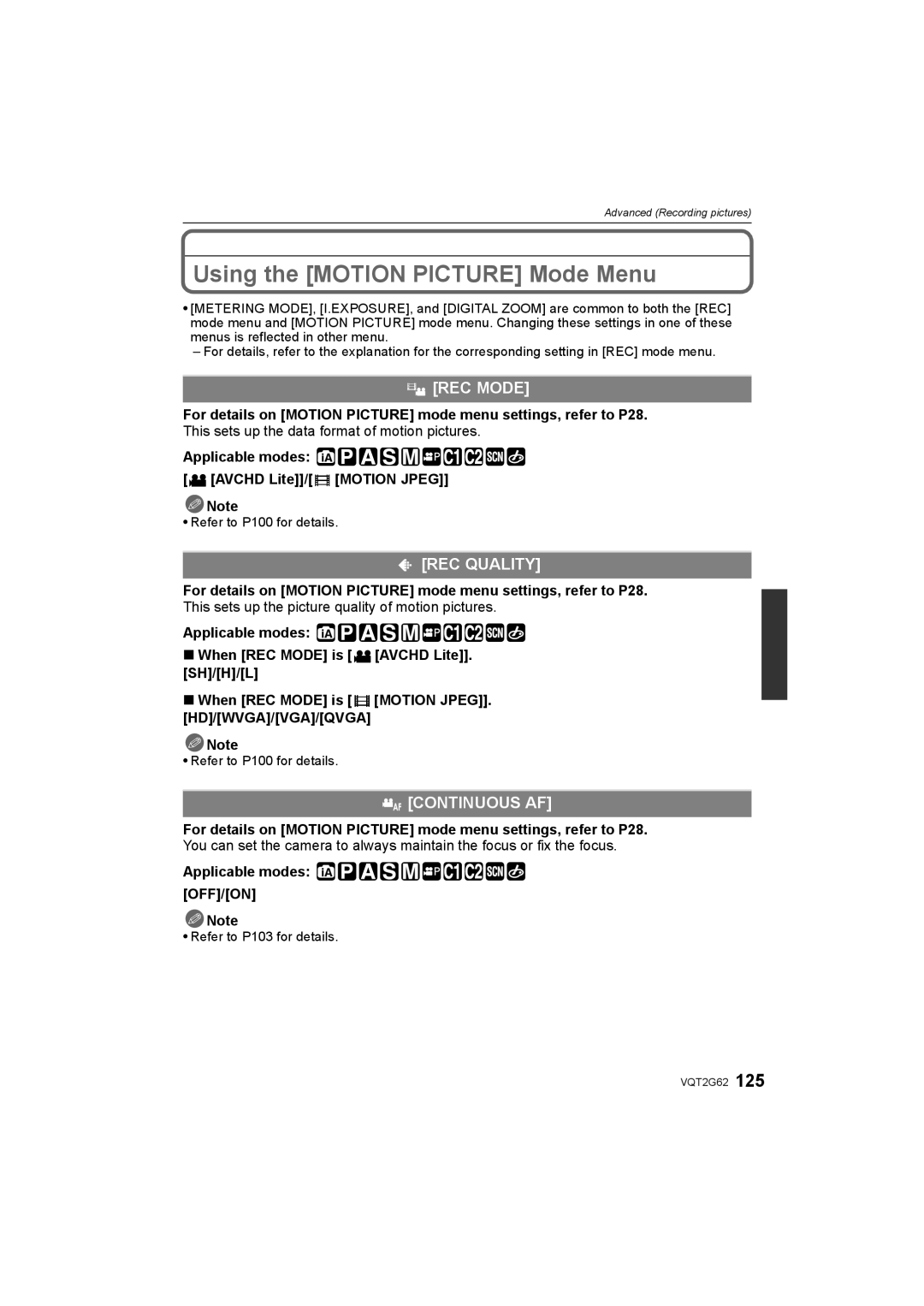 Panasonic DMC-GF1K Using the Motion Picture Mode Menu, REC Mode, REC Quality, Refer to P100 for details 