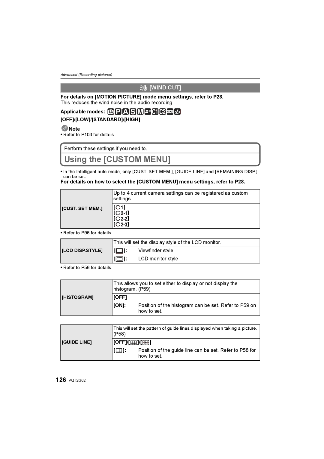 Panasonic DMC-GF1K operating instructions Using the Custom Menu, Off 