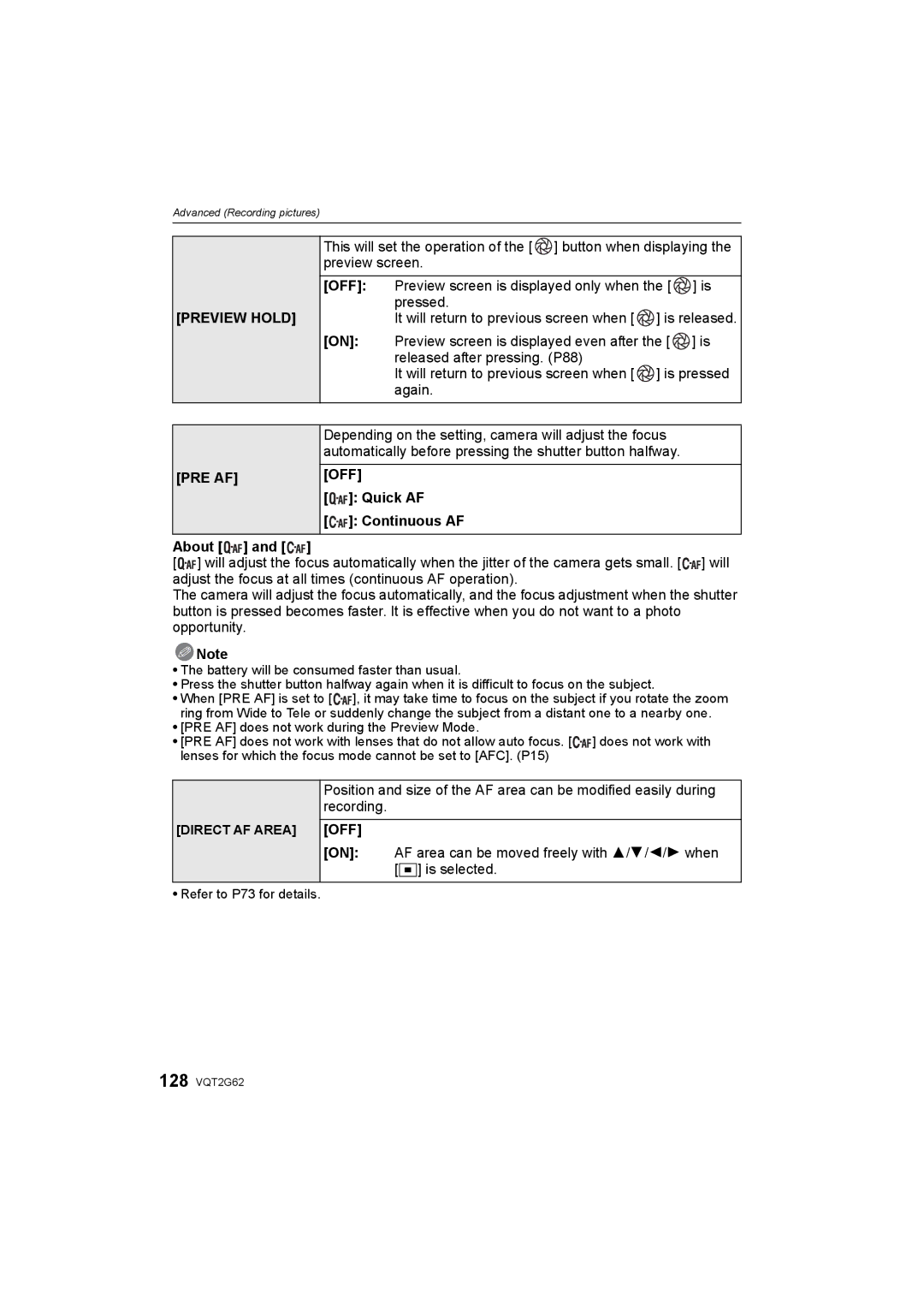 Panasonic DMC-GF1K operating instructions Preview Hold, Pre Af, Quick AF Continuous AF About 