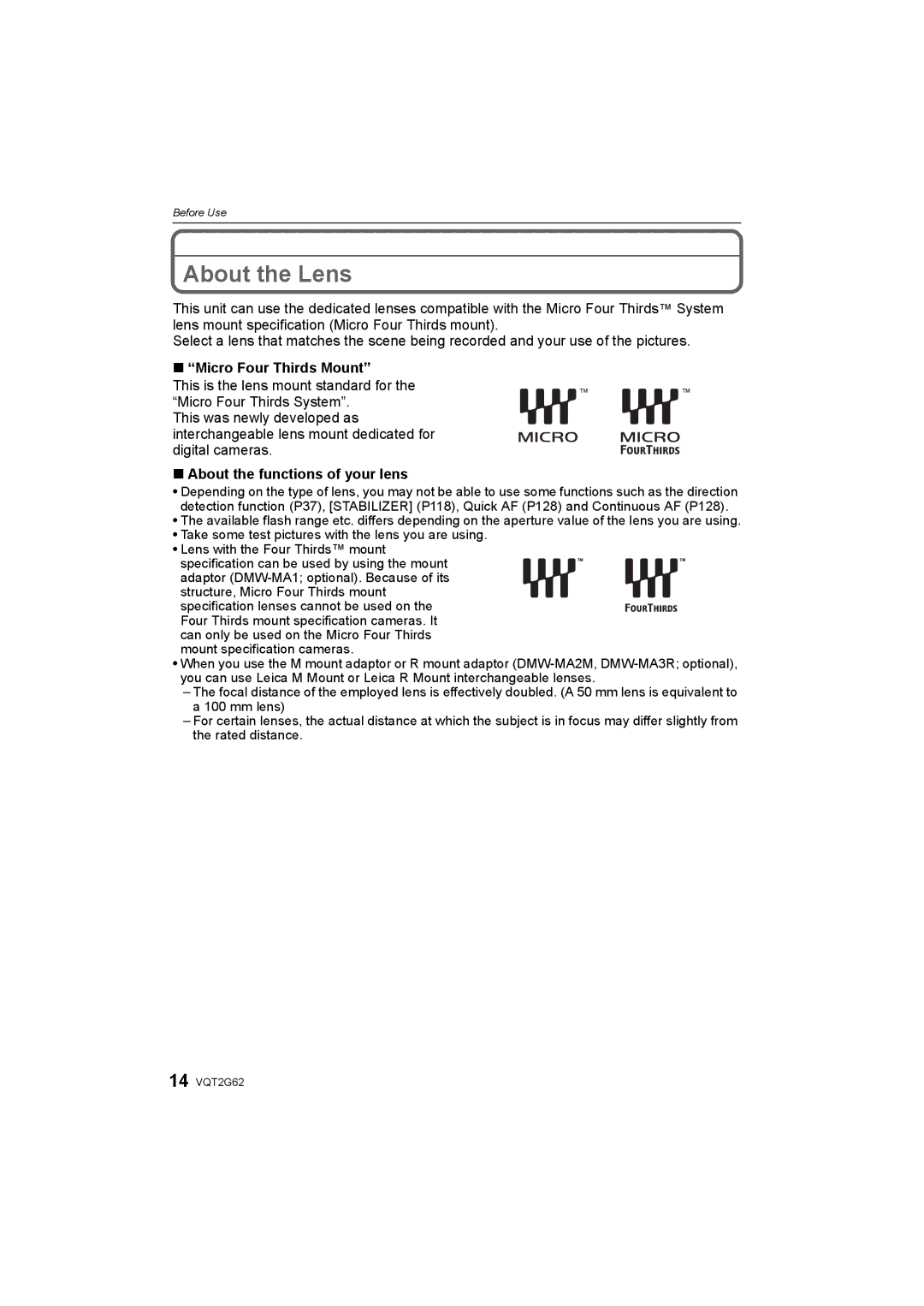 Panasonic DMC-GF1K operating instructions About the Lens, Micro Four Thirds Mount, About the functions of your lens 