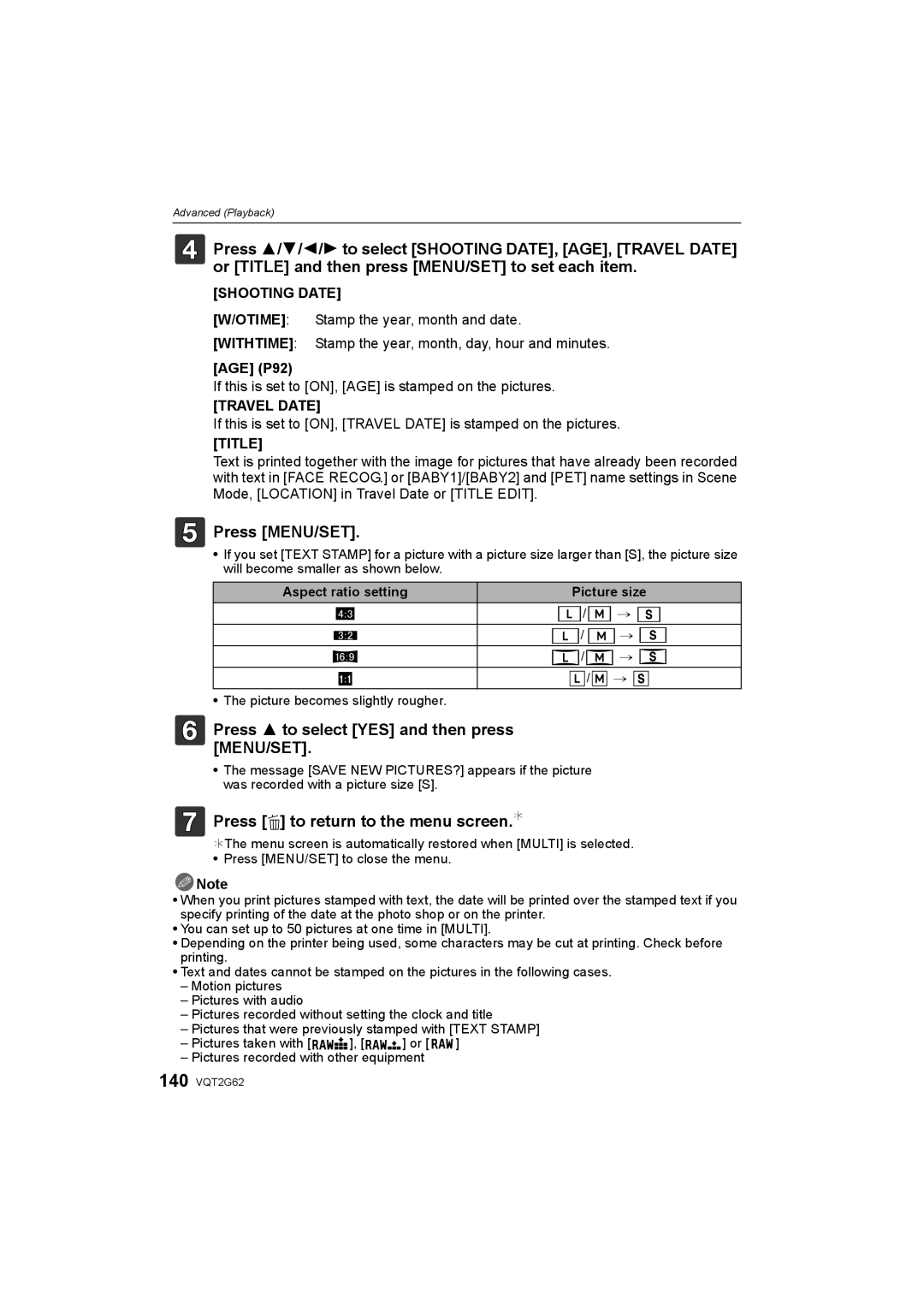 Panasonic DMC-GF1K Shooting Date, AGE P92, If this is set to ON, AGE is stamped on the pictures, Travel Date, Title 