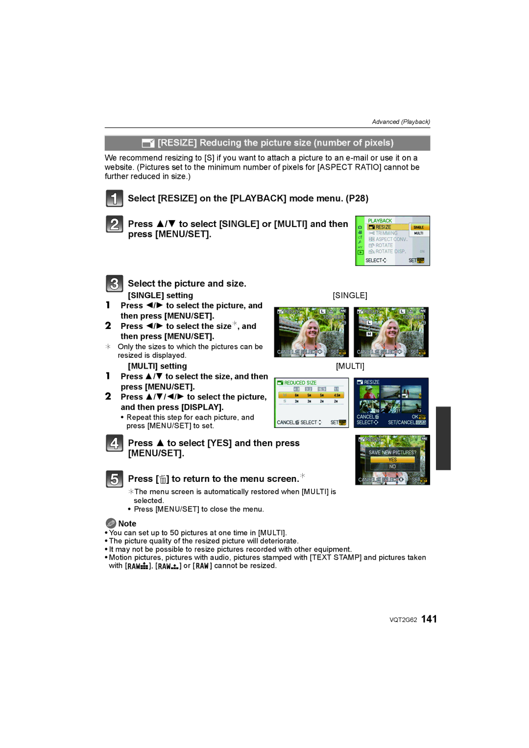 Panasonic DMC-GF1K operating instructions Resize Reducing the picture size number of pixels, Single, Multi 