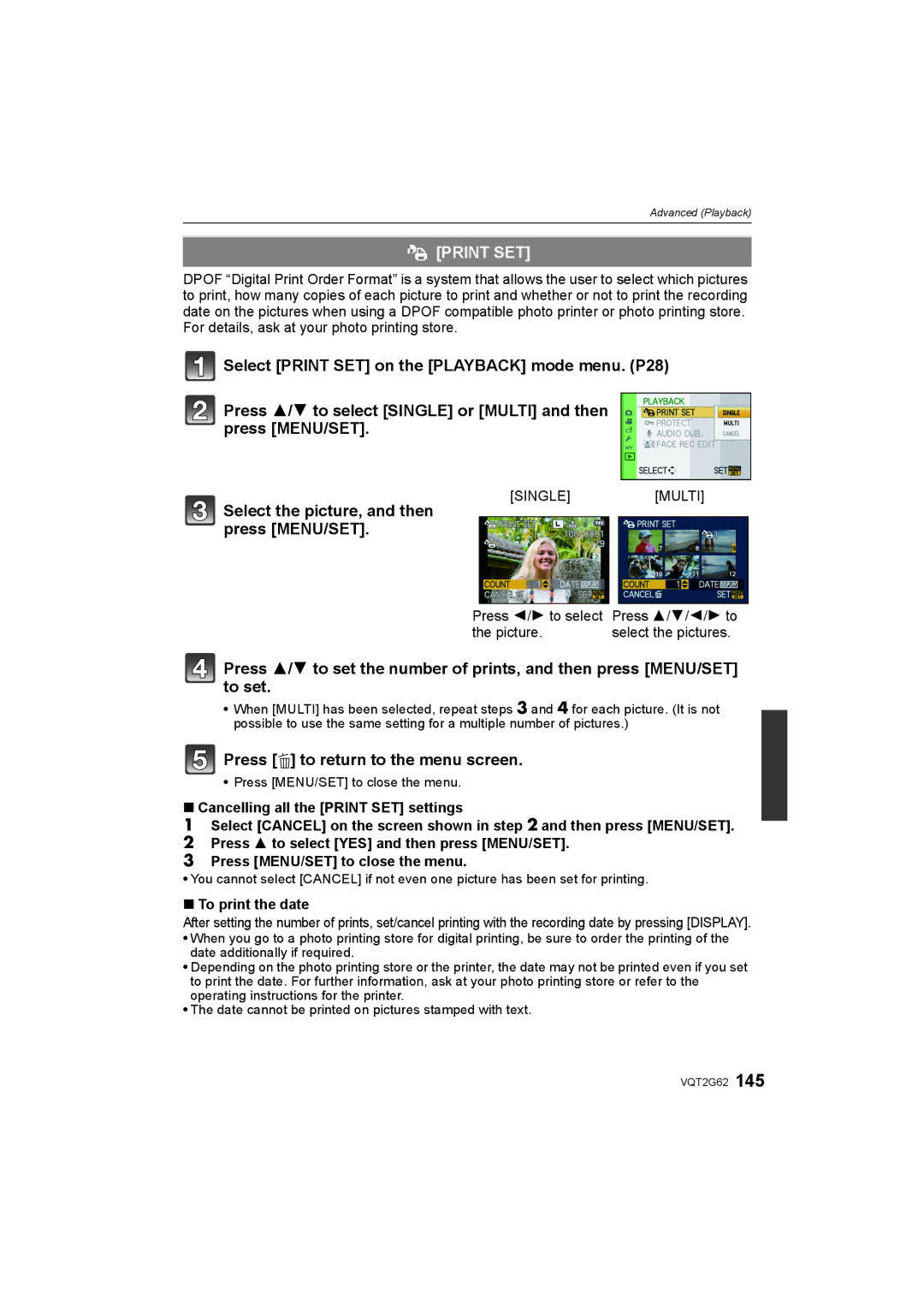 Panasonic DMC-GF1K operating instructions Print SET, Select the picture, and then press MENU/SET, To print the date 