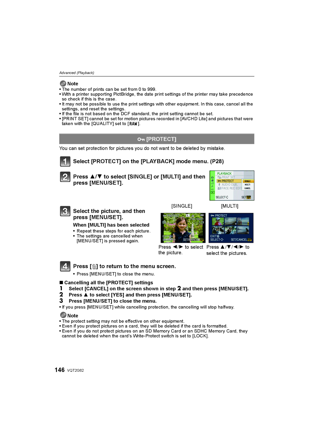 Panasonic DMC-GF1K operating instructions Protect, When Multi has been selected, Repeat these steps for each picture 