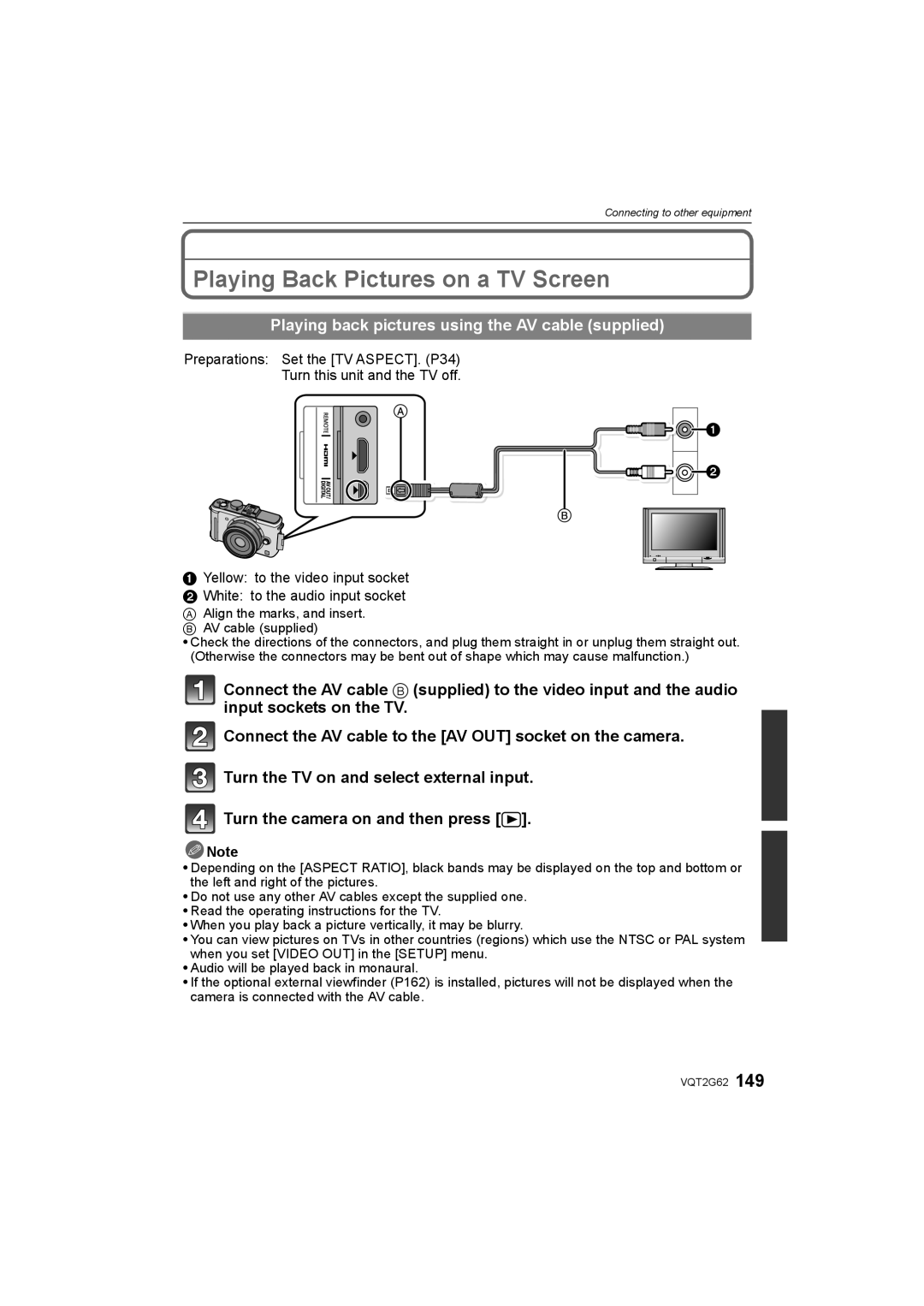 Panasonic DMC-GF1K Playing Back Pictures on a TV Screen, Playing back pictures using the AV cable supplied 