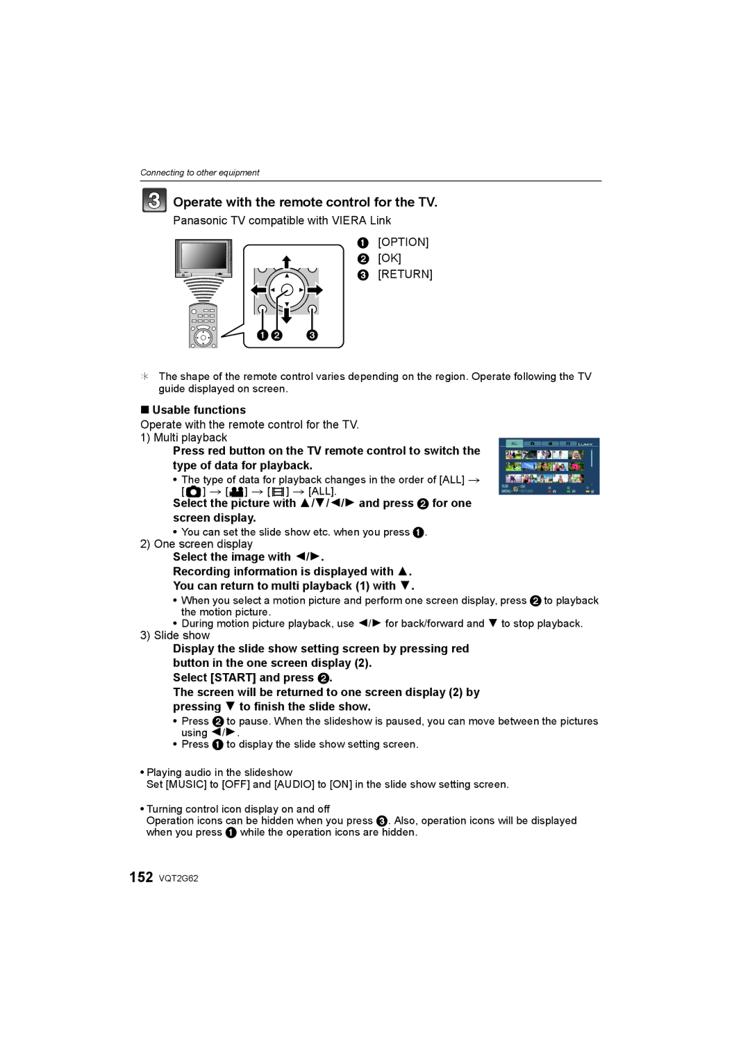 Panasonic DMC-GF1K operating instructions Operate with the remote control for the TV, Usable functions 