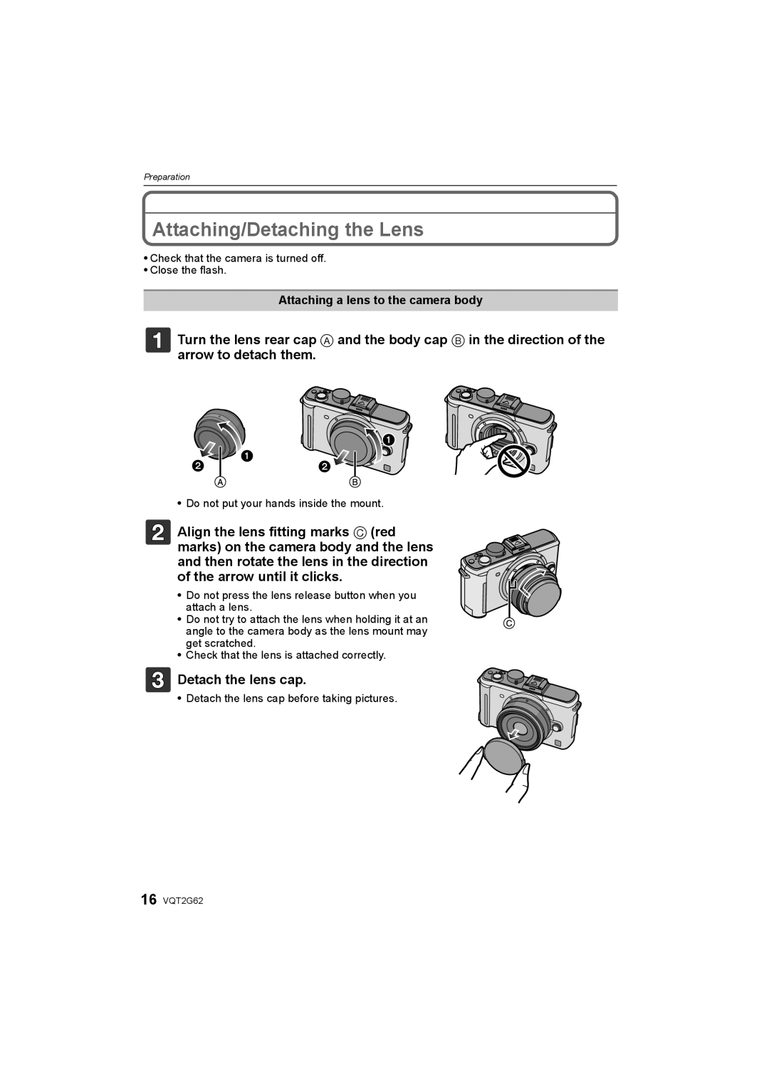 Panasonic DMC-GF1K Attaching/Detaching the Lens, Detach the lens cap, Attaching a lens to the camera body 