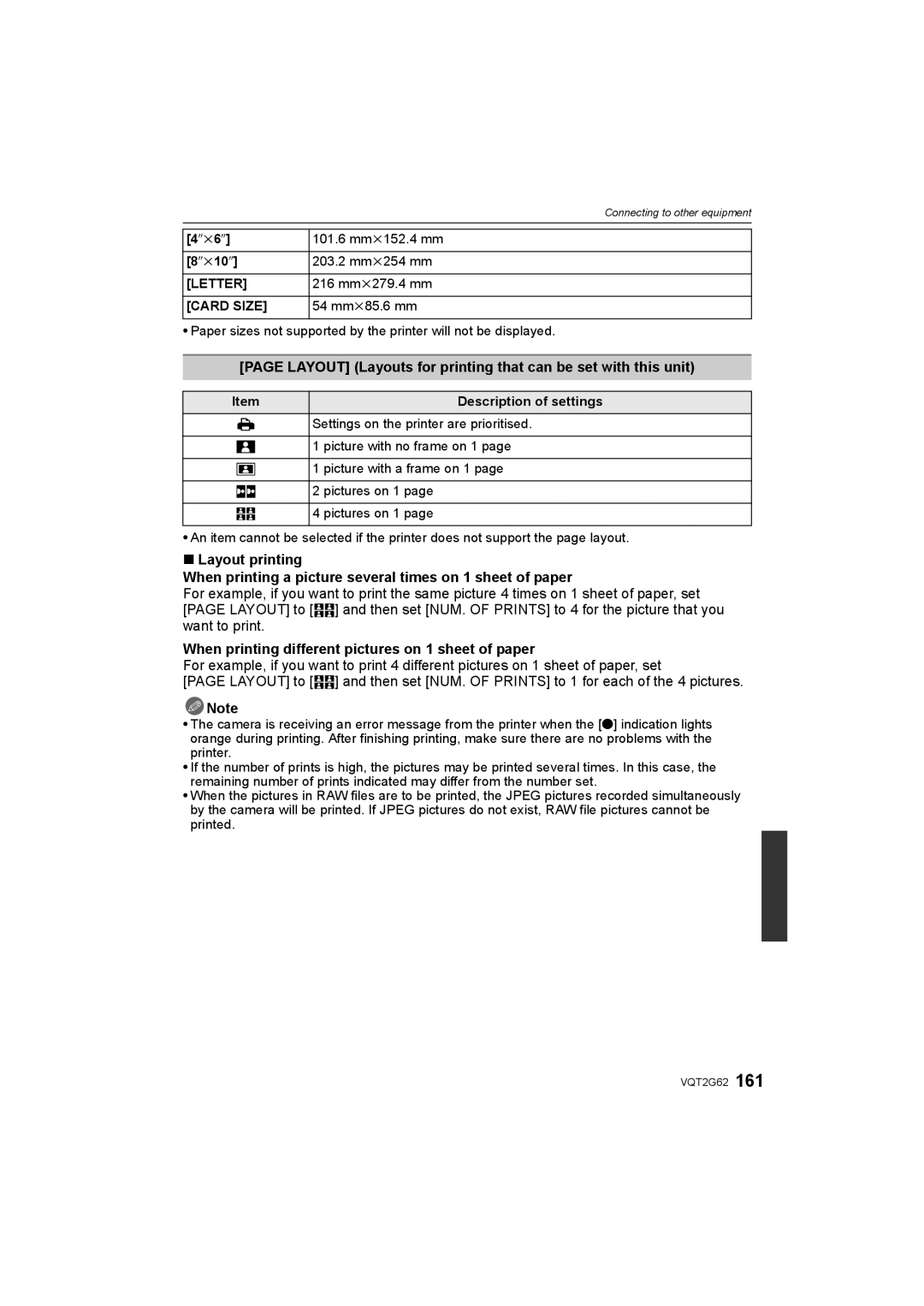 Panasonic DMC-GF1K Layout Layouts for printing that can be set with this unit, 216 mmk279.4 mm, 54 mmk85.6 mm 