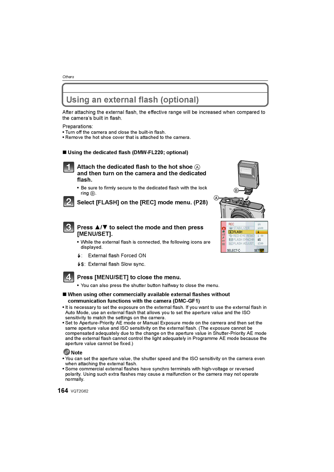 Panasonic DMC-GF1K operating instructions Using an external flash optional, Using the dedicated flash DMW-FL220 optional 