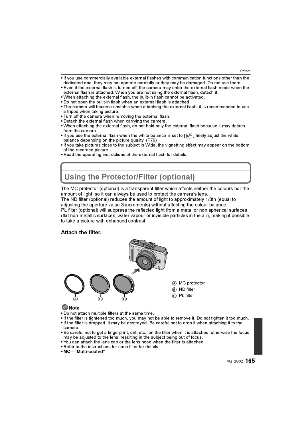 Panasonic DMC-GF1K operating instructions Using the Protector/Filter optional, Attach the filter, MCuMulti-coated 