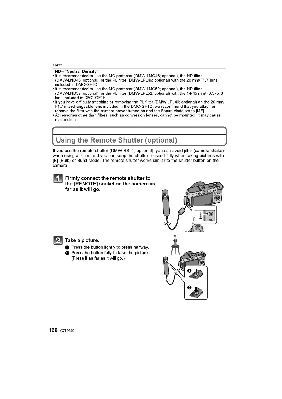 Panasonic DMC-GF1K operating instructions Using the Remote Shutter optional, NDuNeutral Density 