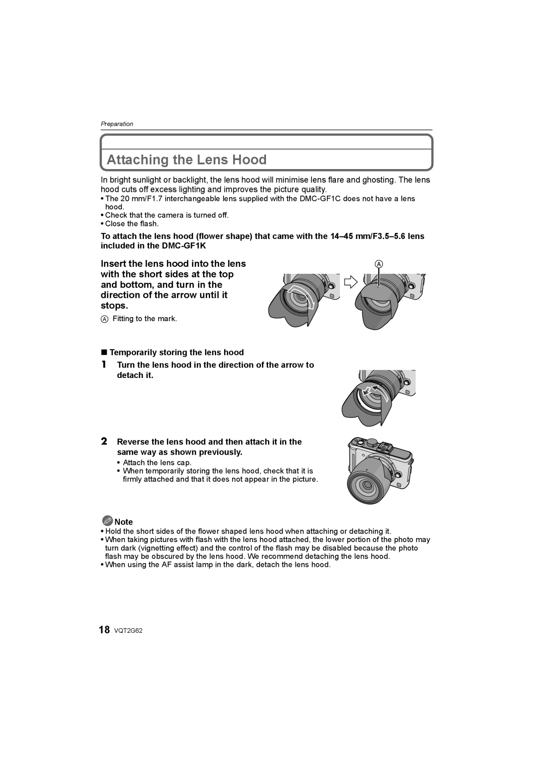 Panasonic DMC-GF1K operating instructions Attaching the Lens Hood, Fitting to the mark, Attach the lens cap 