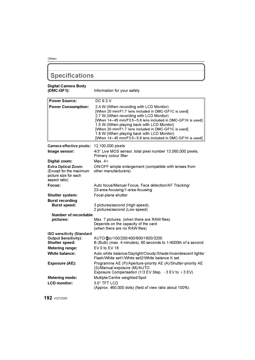 Panasonic DMC-GF1K operating instructions Specifications 