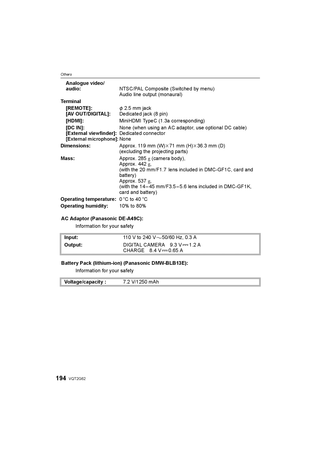 Panasonic DMC-GF1K operating instructions Remote, Av Out/Digital, Hdmi, Digital Camera Charge 8.4 