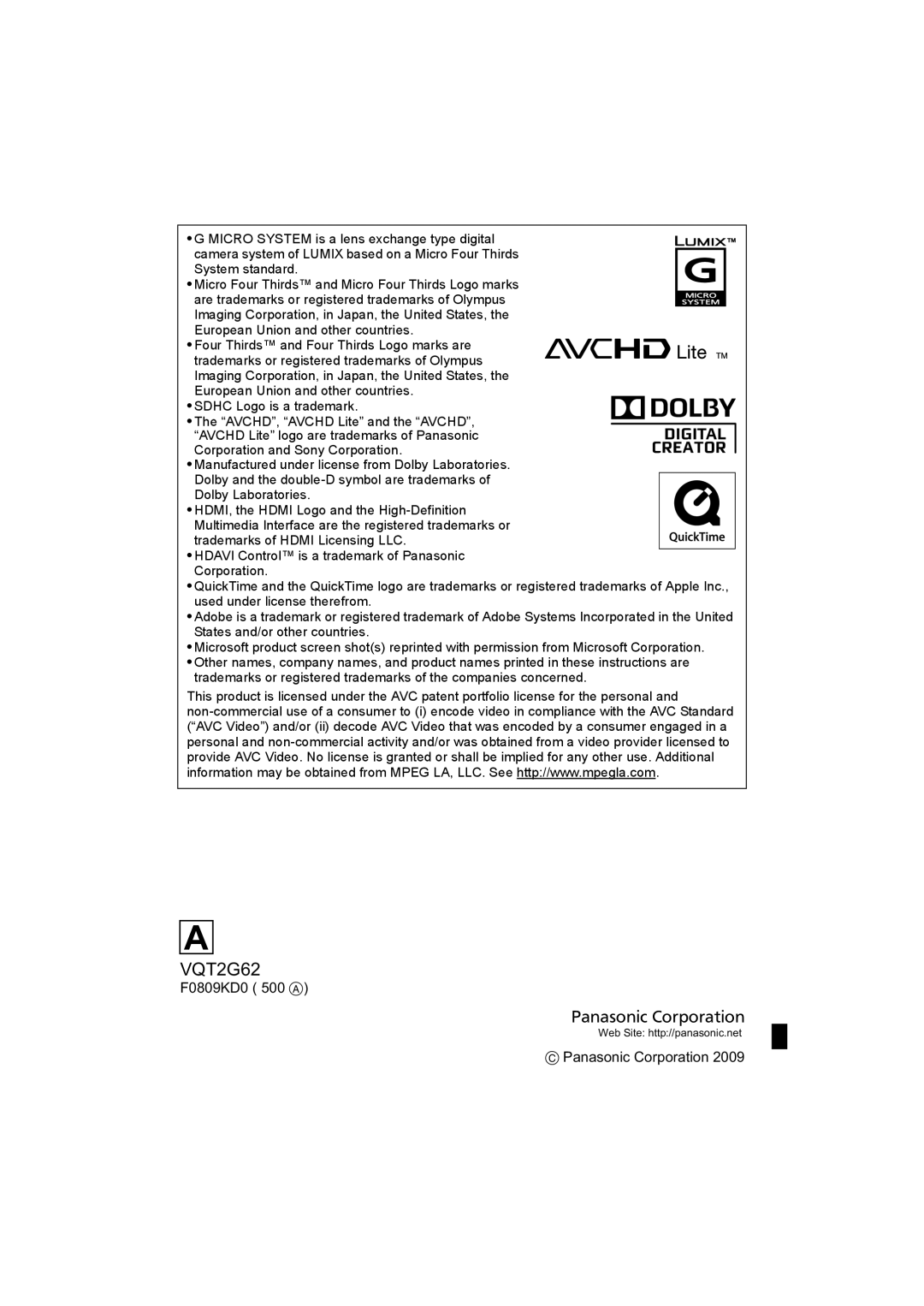 Panasonic DMC-GF1K operating instructions F0809KD0 500  Panasonic Corporation,  Panasonic Corporation, Dolby Laboratories 