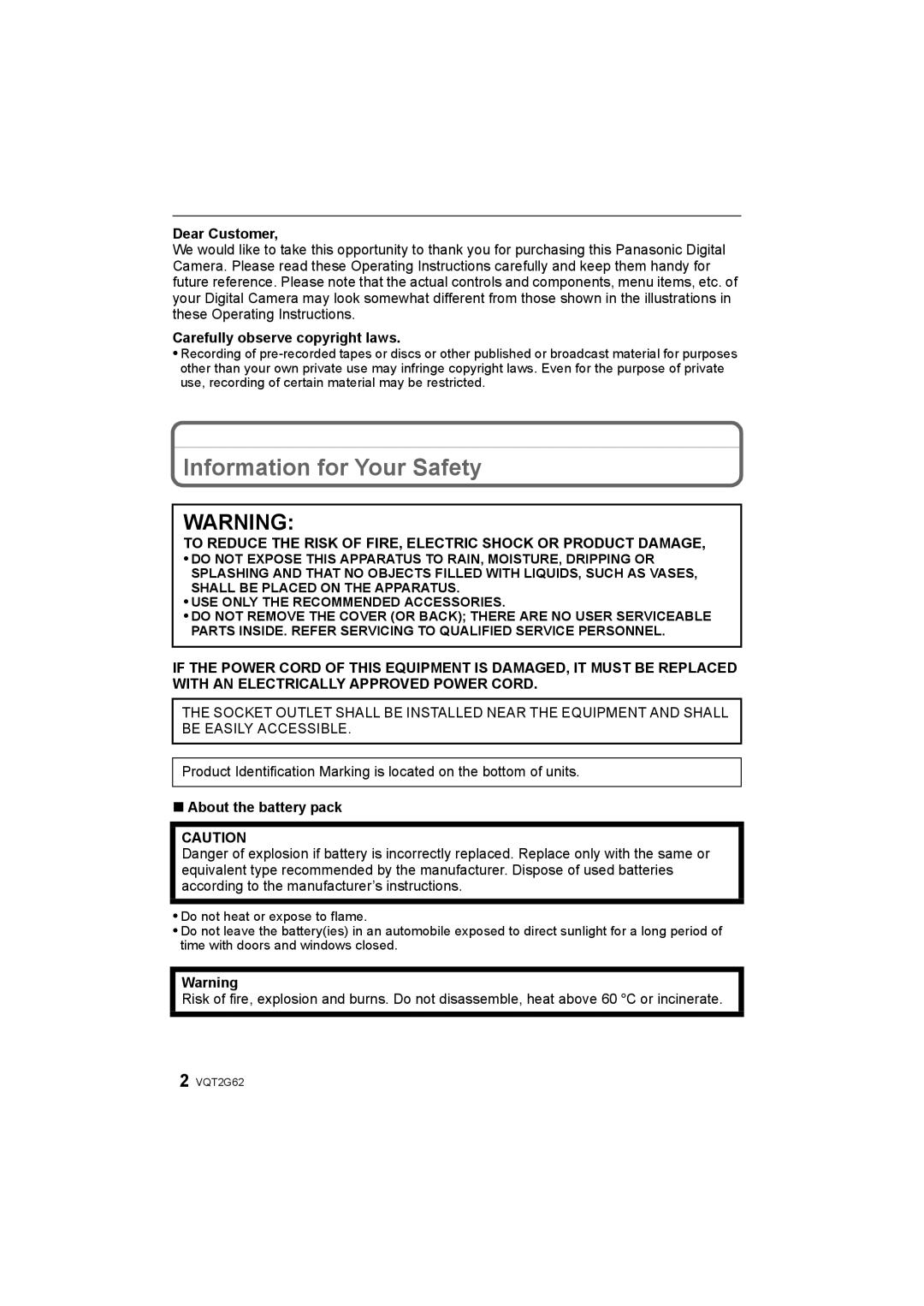 Panasonic DMC-GF1K Information for Your Safety, Dear Customer, Carefully observe copyright laws, About the battery pack 