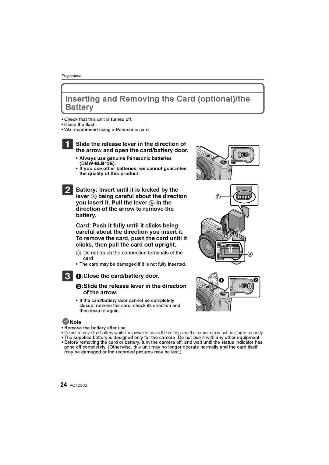 Panasonic DMC-GF1K Inserting and Removing the Card optional/the Battery, Do not touch the connection terminals of the card 