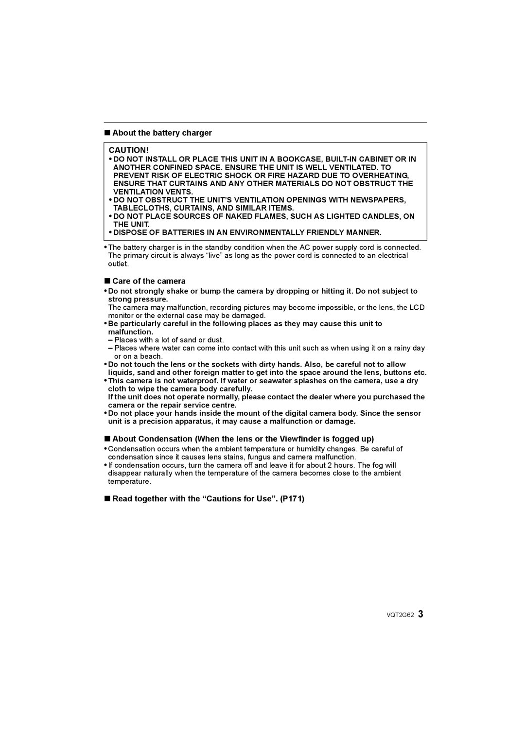 Panasonic DMC-GF1K About the battery charger, Care of the camera, Read together with the Cautions for Use. P171 