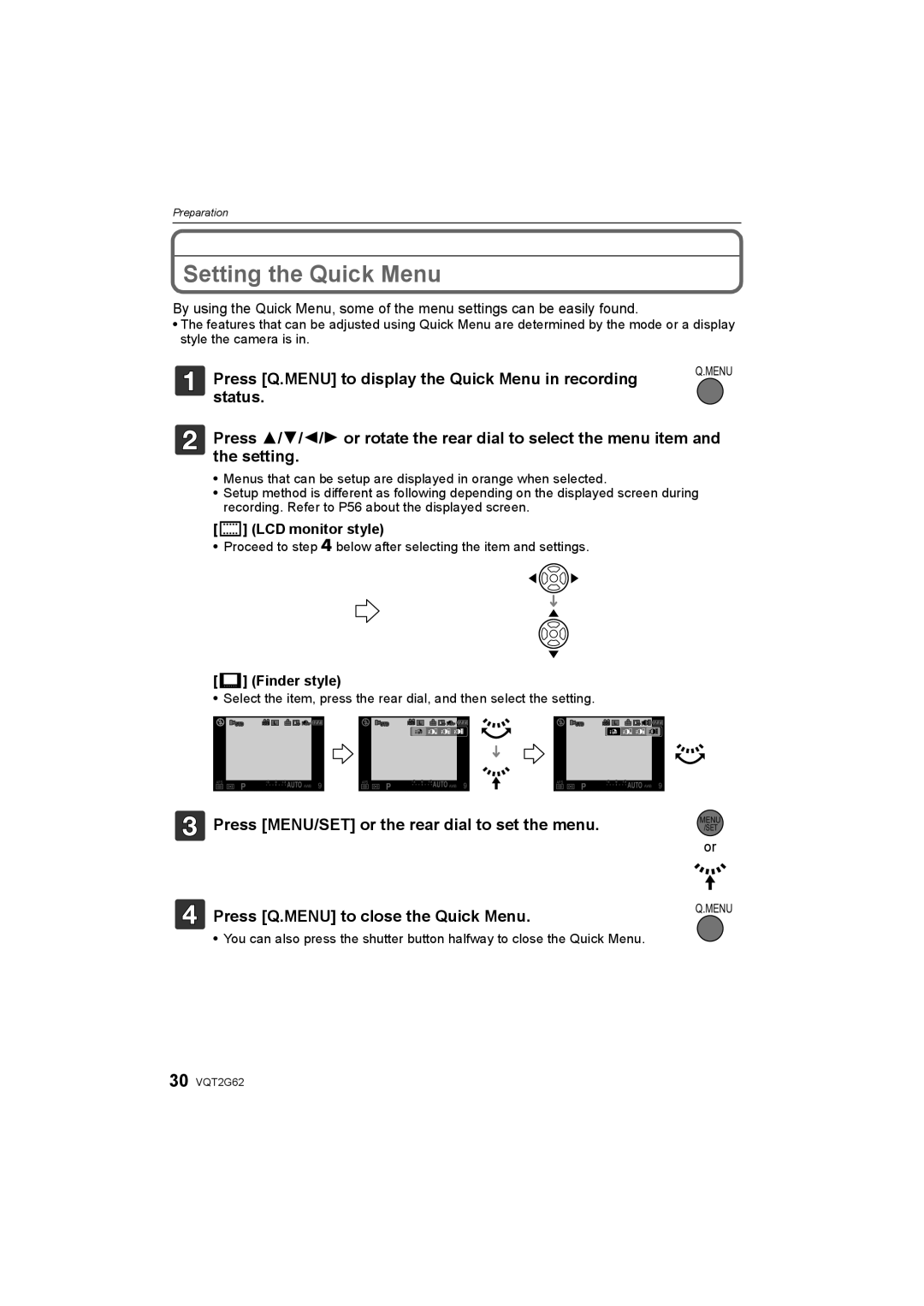 Panasonic DMC-GF1K operating instructions Setting the Quick Menu, Press Q.MENU to display the Quick Menu in recording 