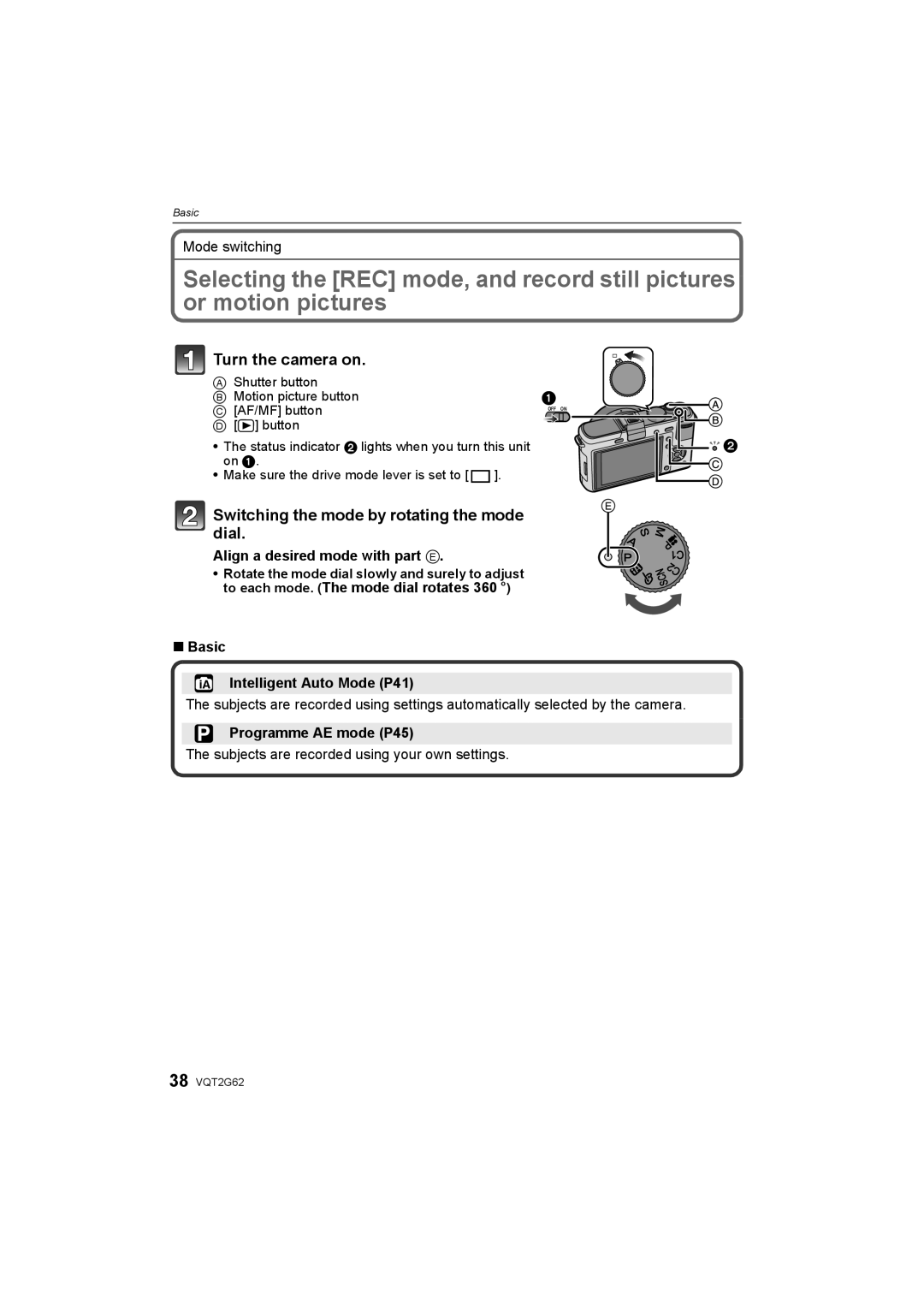 Panasonic DMC-GF1K Switching the mode by rotating the mode dial, Align a desired mode with part E, Programme AE mode P45 