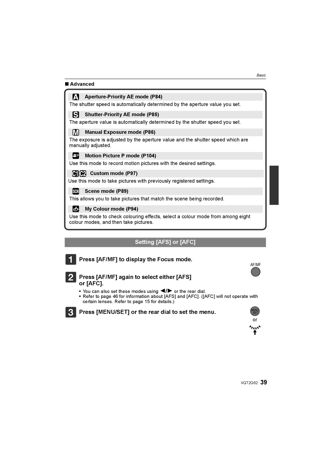 Panasonic DMC-GF1K operating instructions Setting AFS or AFC, Press AF/MF to display the Focus mode 