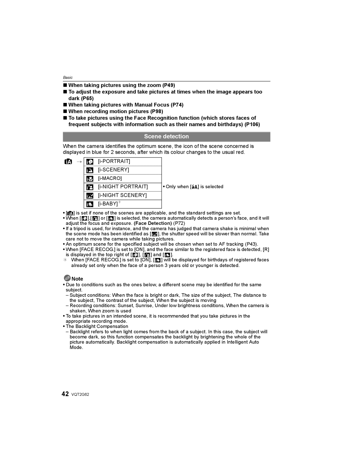 Panasonic DMC-GF1K operating instructions Scene detection, Portrait Scenery, Night Portrait Night Scenery BABY¢, Macro 