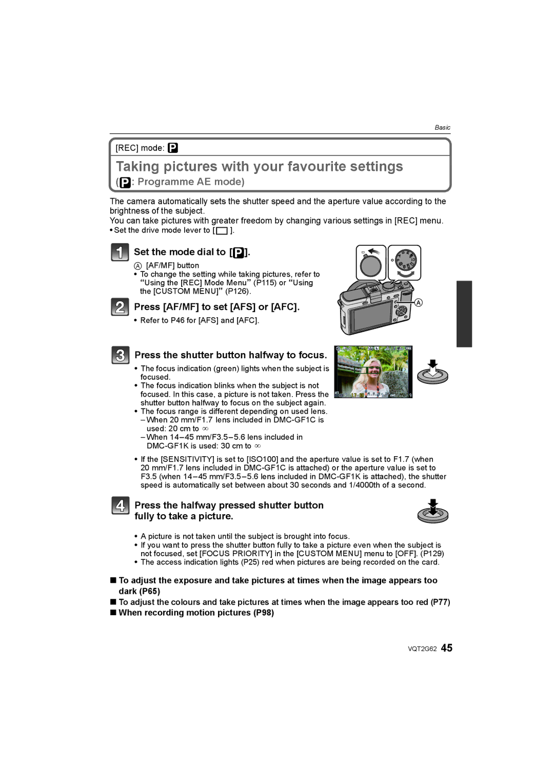 Panasonic DMC-GF1K operating instructions Taking pictures with your favourite settings, Set the mode dial to, REC mode ³ 