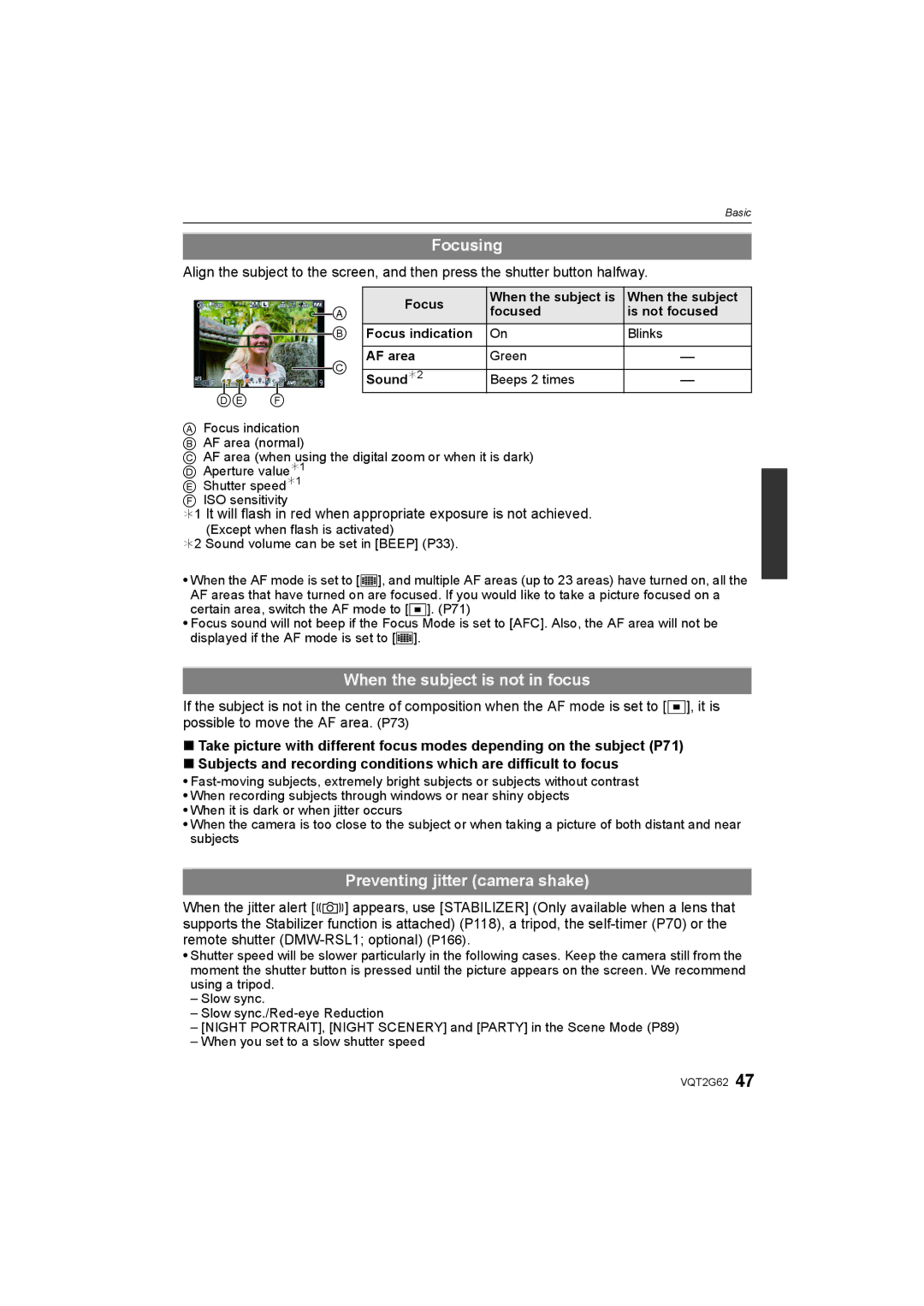 Panasonic DMC-GF1K operating instructions Focusing, When the subject is not in focus, Preventing jitter camera shake 