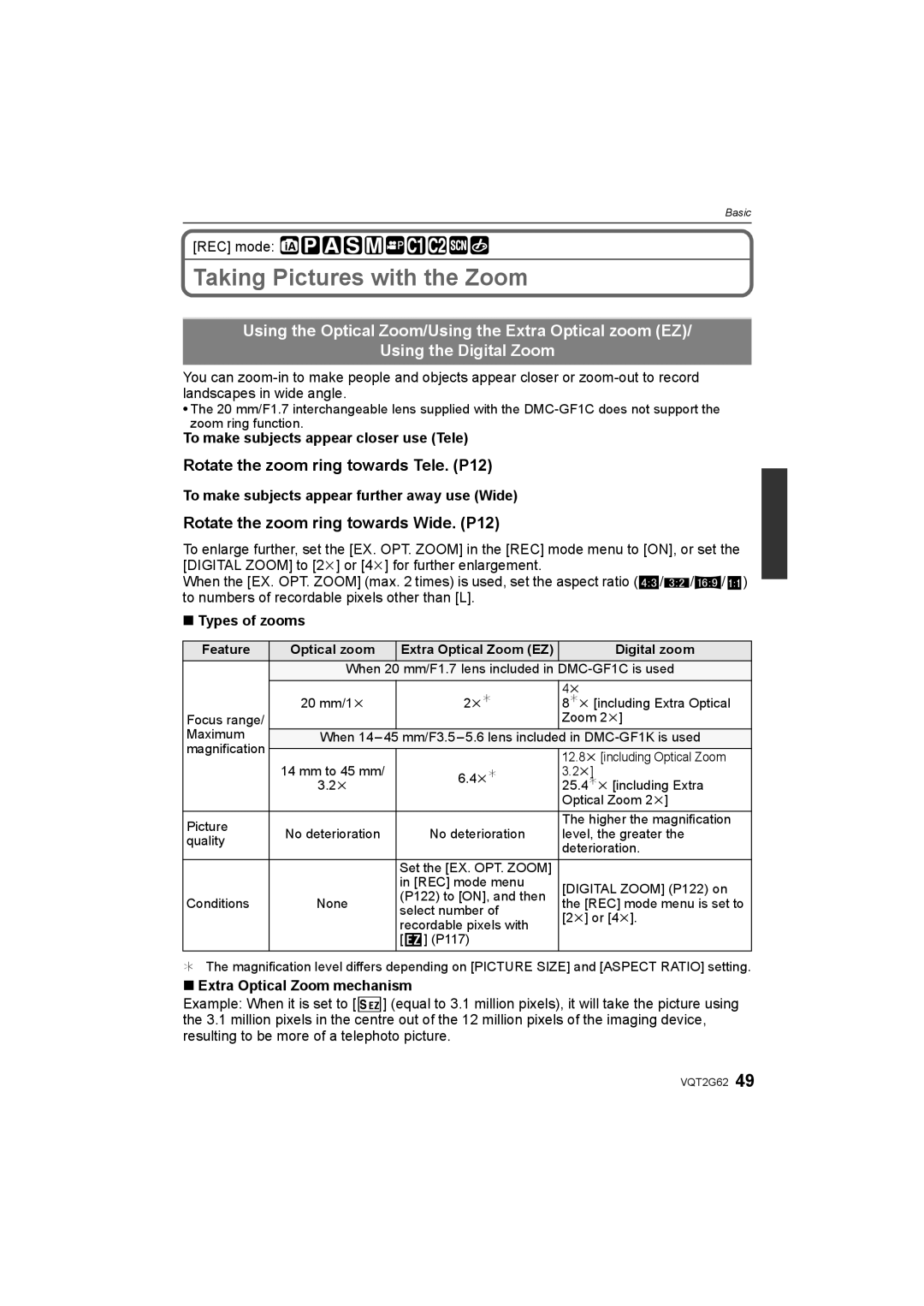 Panasonic DMC-GF1K operating instructions Taking Pictures with the Zoom, Rotate the zoom ring towards Tele. P12 