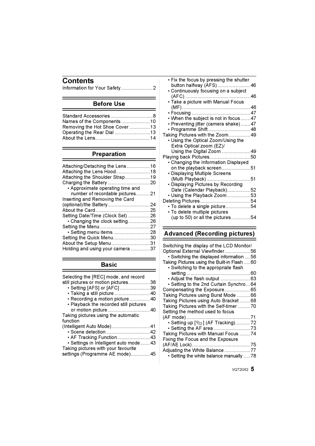 Panasonic DMC-GF1K operating instructions Contents 