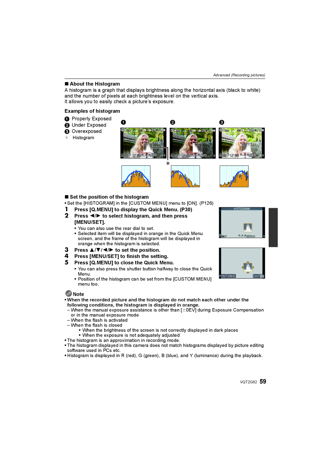 Panasonic DMC-GF1K About the Histogram, Properly Exposed Under Exposed, Set the position of the histogram 