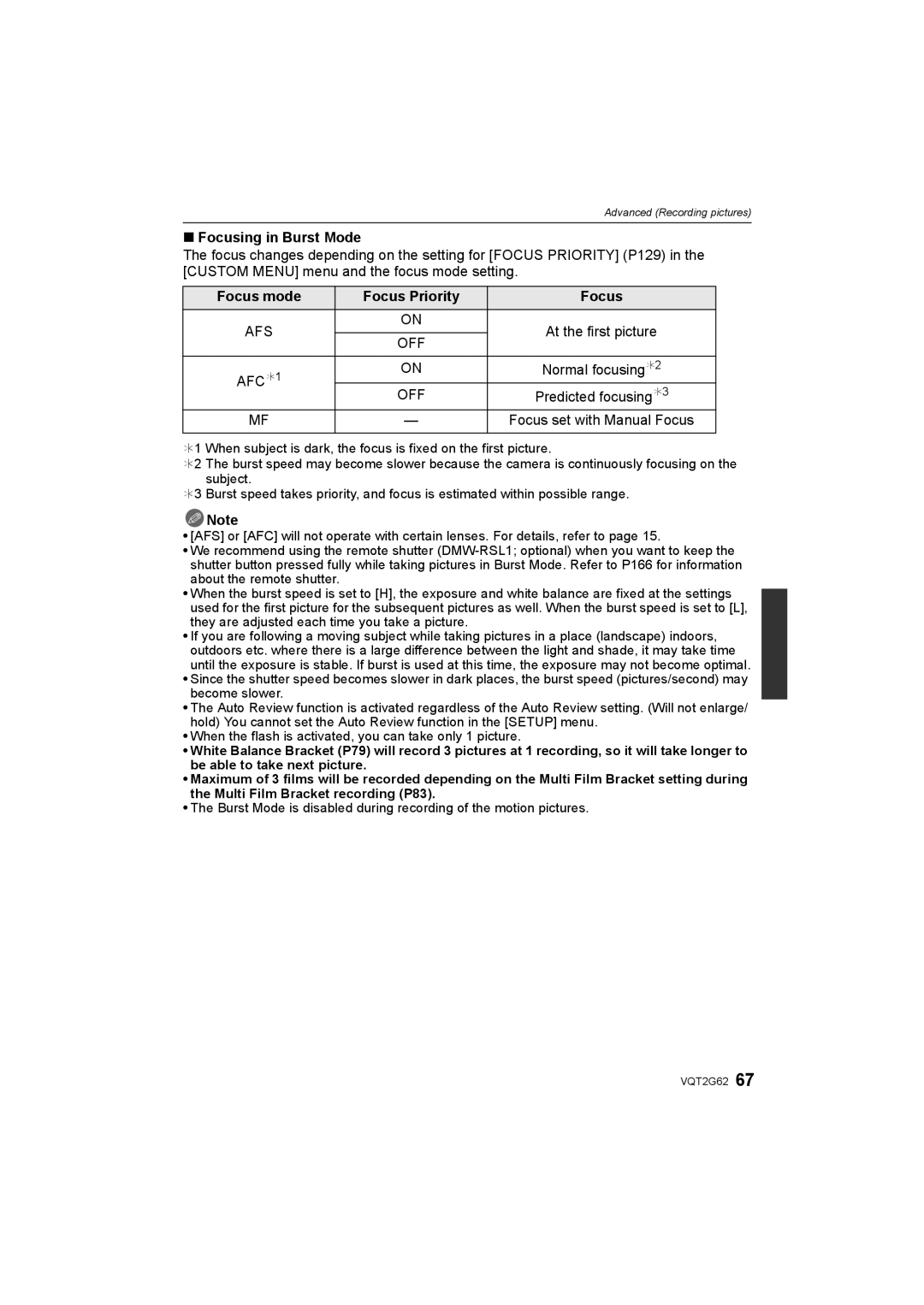 Panasonic DMC-GF1K Focusing in Burst Mode, Focus mode Focus Priority, AFC ¢1 Normal focusing ¢2, Predicted focusing ¢3 