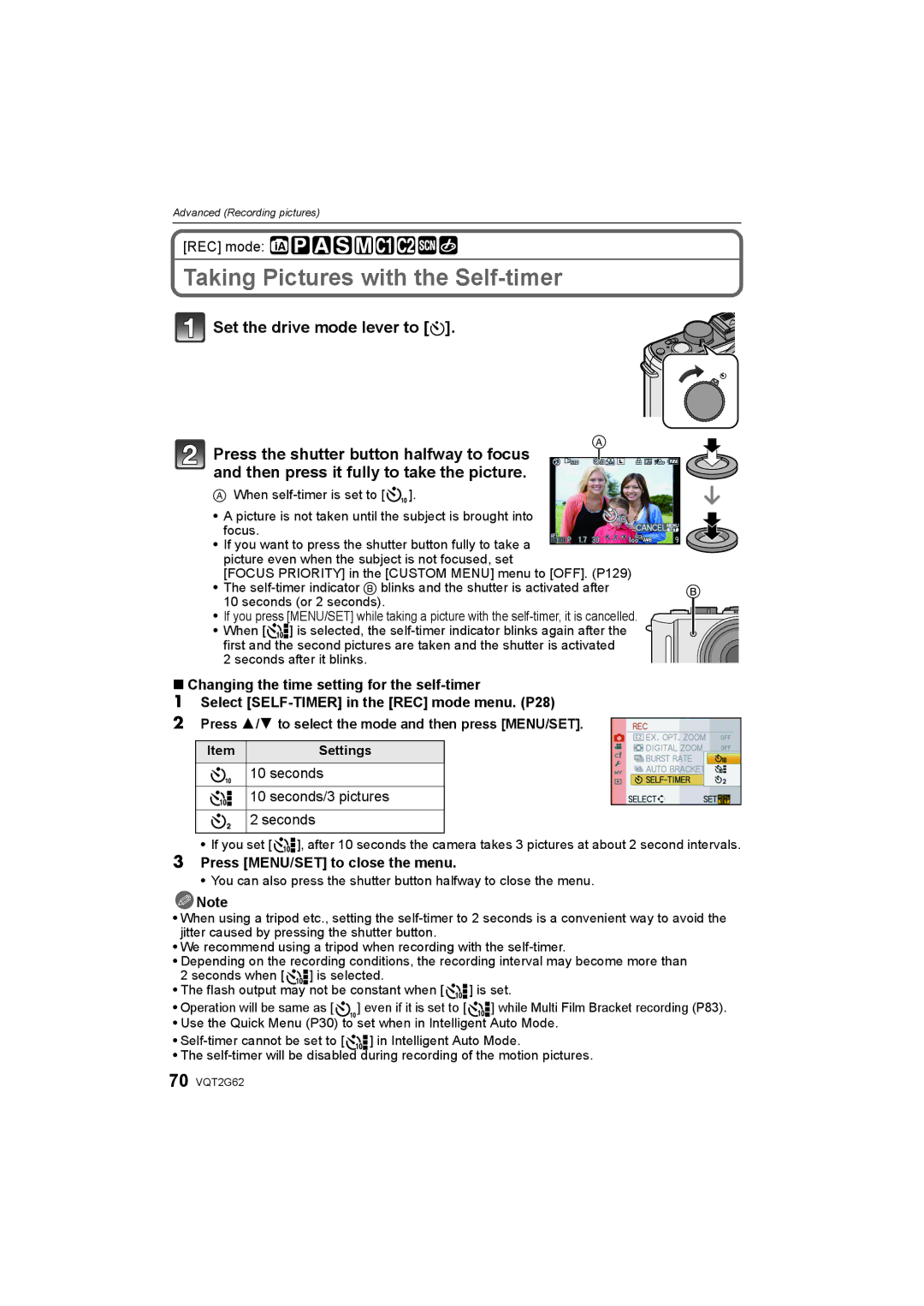 Panasonic DMC-GF1K operating instructions Taking Pictures with the Self-timer, Seconds/3 pictures, When 