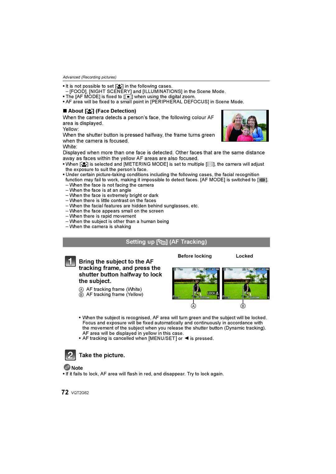 Panasonic DMC-GF1K operating instructions Setting up AF Tracking, Take the picture, About š Face Detection, Before locking 