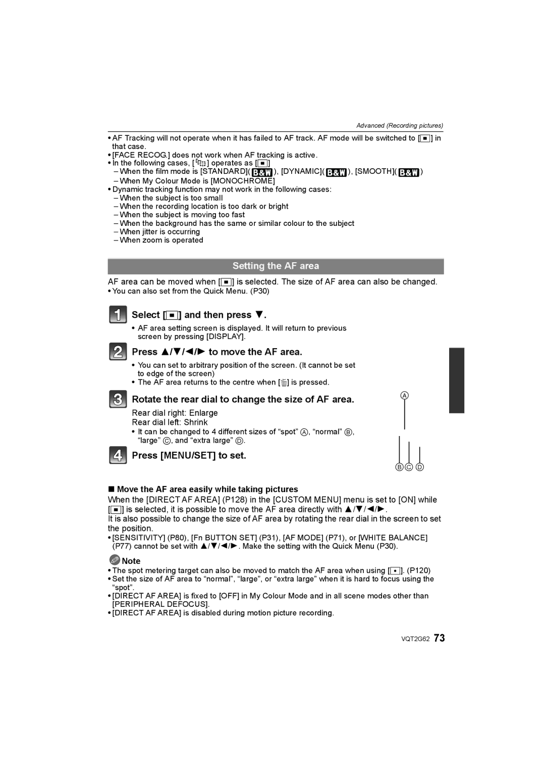 Panasonic DMC-GF1K operating instructions Setting the AF area, Select Ø and then press, Press 3/4/2/1 to move the AF area 