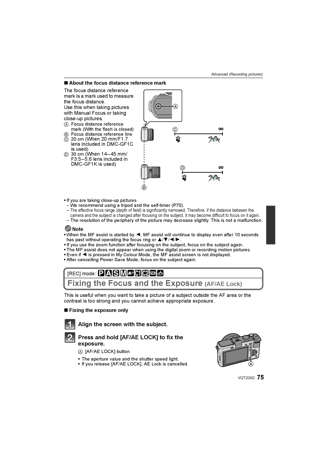 Panasonic DMC-GF1K Fixing the Focus and the Exposure AF/AE Lock, About the focus distance reference mark 