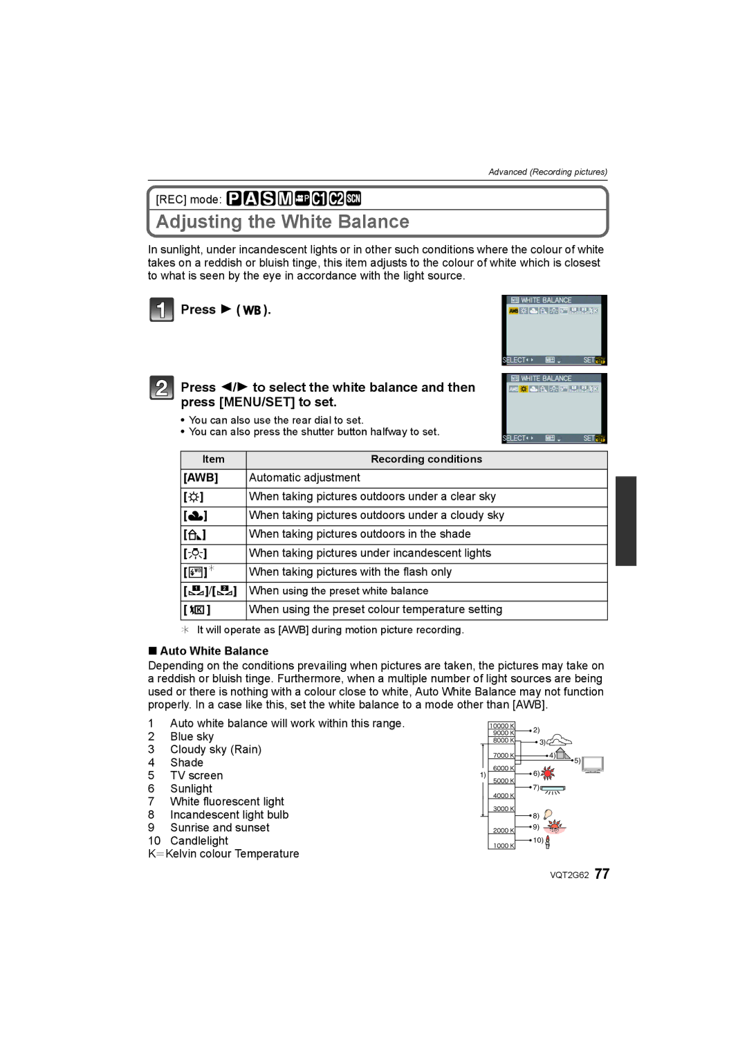 Panasonic DMC-GF1K operating instructions Adjusting the White Balance 