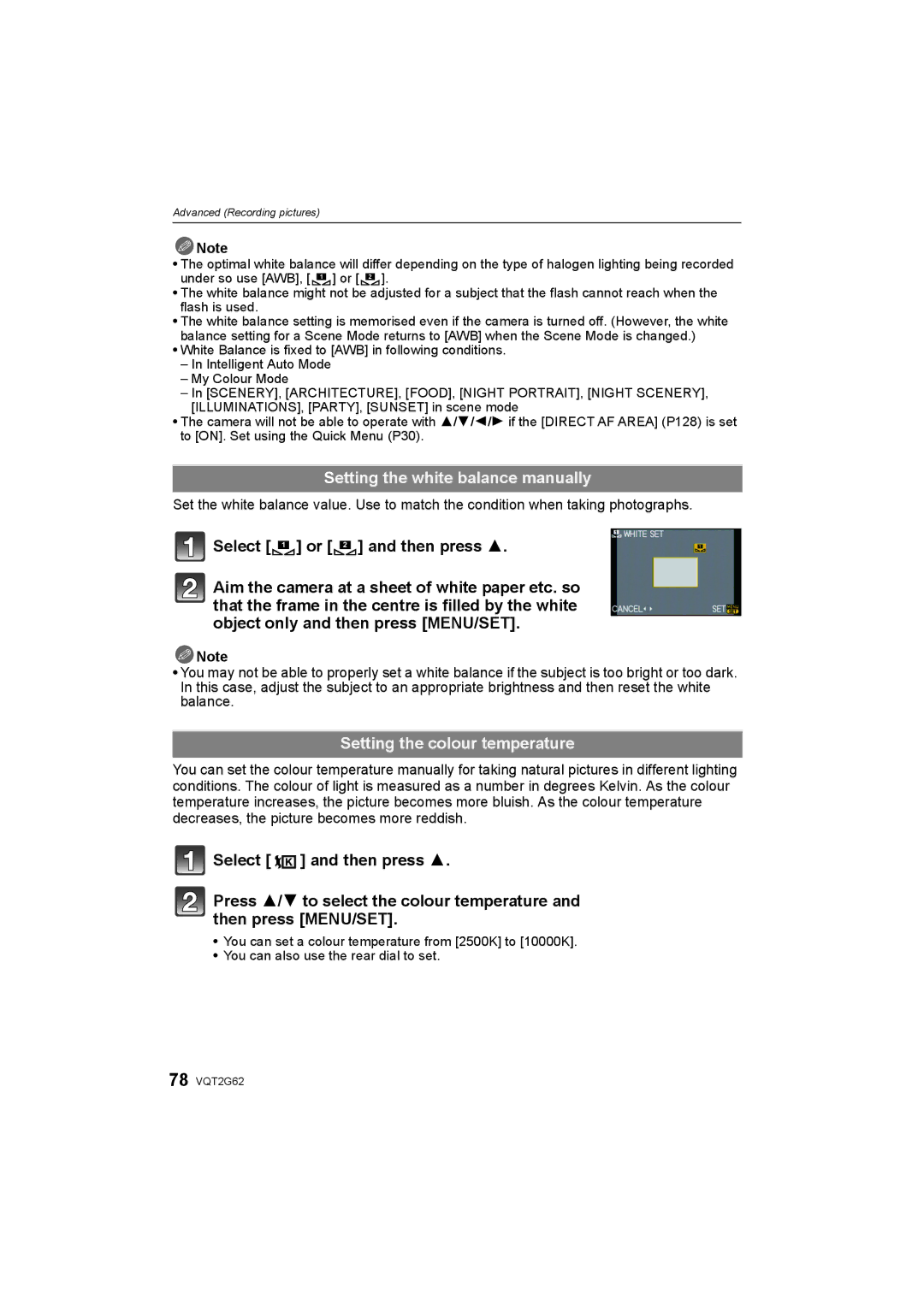 Panasonic DMC-GF1K operating instructions Setting the white balance manually, Setting the colour temperature 