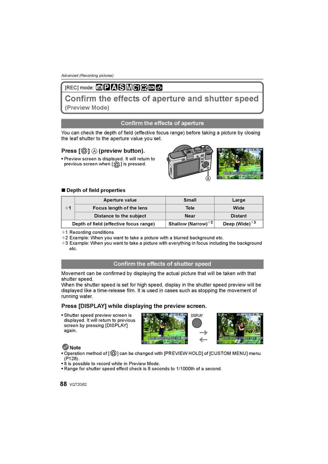 Panasonic DMC-GF1K operating instructions Confirm the effects of aperture and shutter speed, Press a preview button 