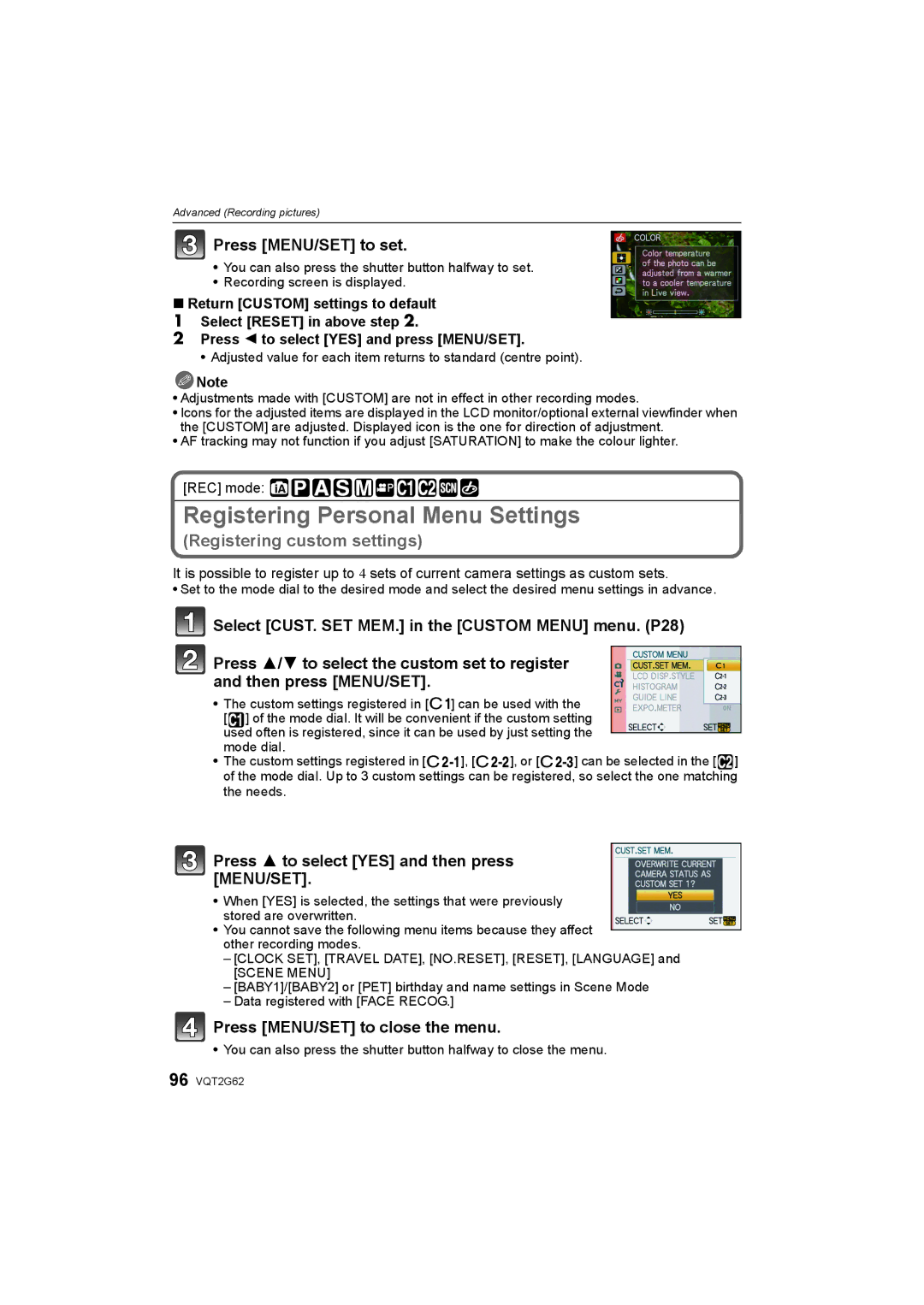 Panasonic DMC-GF1K operating instructions Registering Personal Menu Settings, Press 3 to select YES and then press MENU/SET 