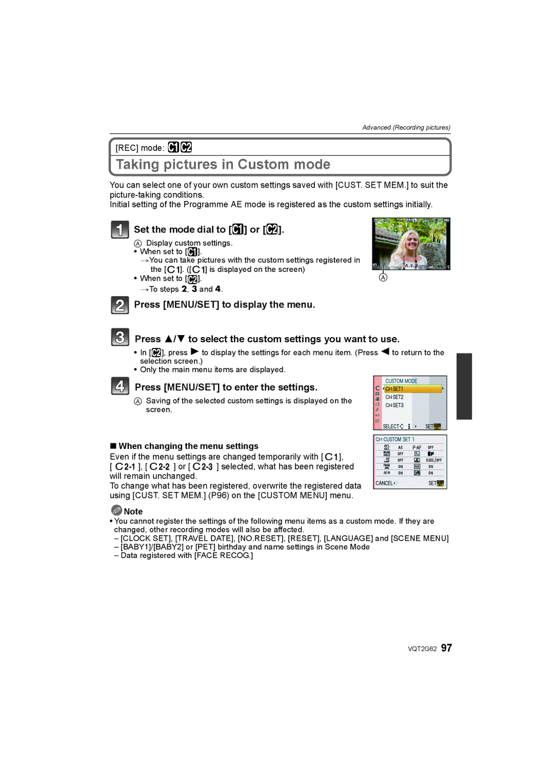 Panasonic DMC-GF1K Taking pictures in Custom mode, Set the mode dial to or, Press MENU/SET to enter the settings 