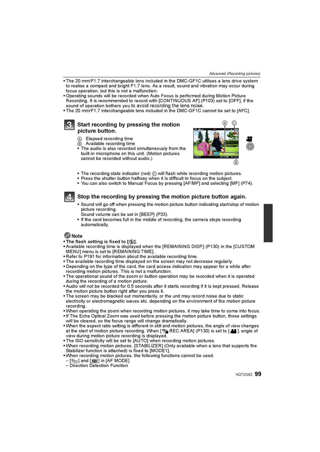 Panasonic DMC-GF1K Start recording by pressing the motion picture button, Flash setting is fixed to Œ 