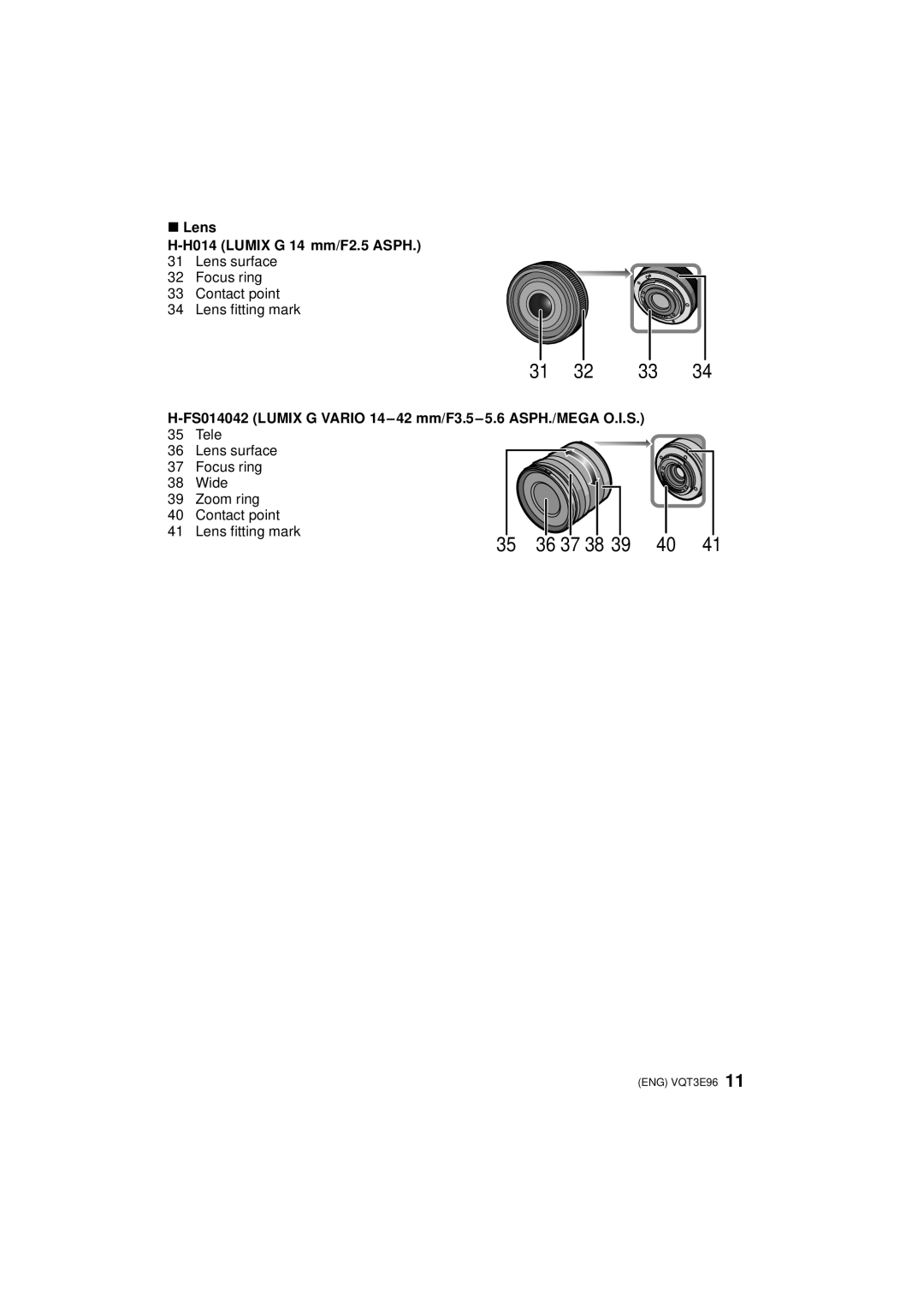 Panasonic DMCGF2CS, DMC-GF2KR Lens H014 Lumix G 14 mm/F2.5 Asph, Lens surface Focus ring Contact point Lens fitting mark 