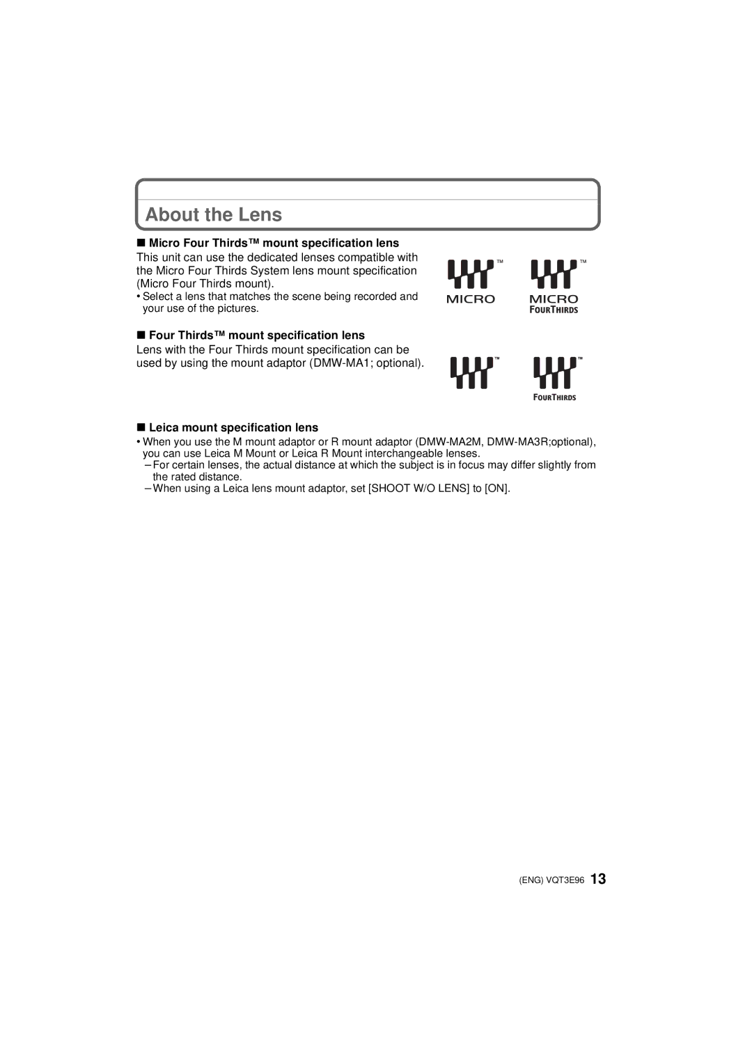 Panasonic DMCGF2CK, DMC-GF2KR About the Lens, Four Thirds mount specification lens, Leica mount specification lens 