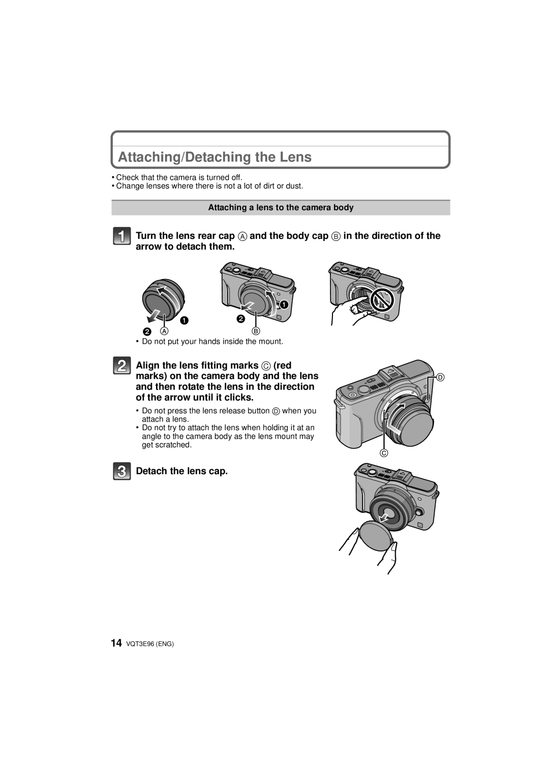 Panasonic DMCGF2CR, DMC-GF2KR Attaching/Detaching the Lens, Detach the lens cap, Attaching a lens to the camera body 