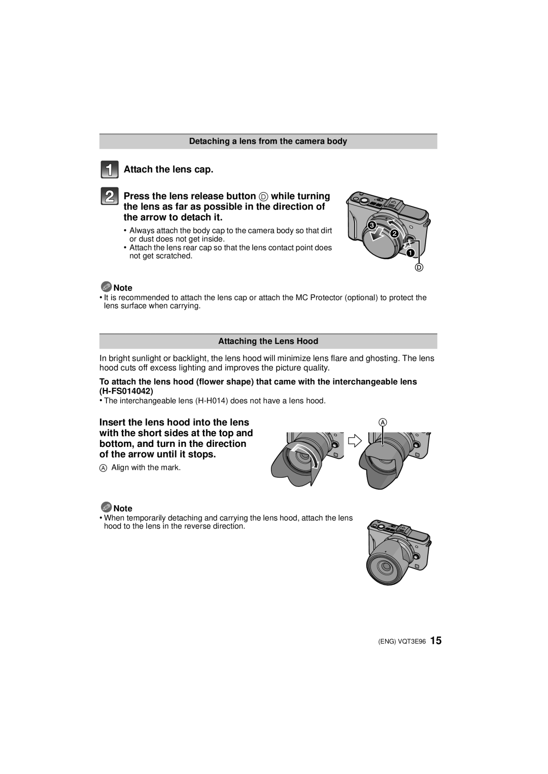 Panasonic DMC-GF2KR, DMCGF2CS, DMCGF2KK, DMCGF2CK, DMCGF2CR Detaching a lens from the camera body, Attaching the Lens Hood 