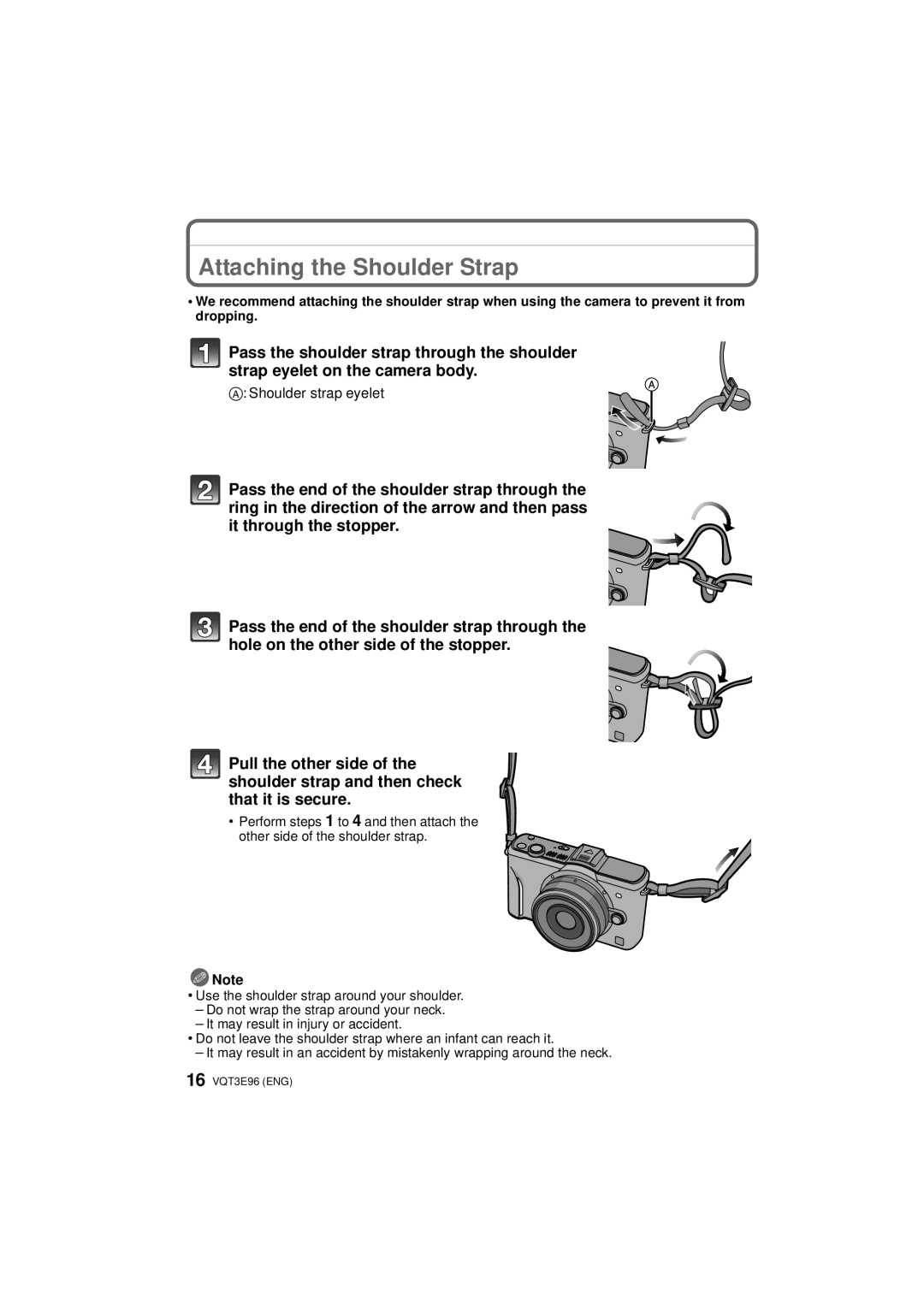 Panasonic DMCGF2CS, DMC-GF2KR, DMCGF2KK, DMCGF2CK, DMCGF2CR Attaching the Shoulder Strap, Shoulder strap eyelet 