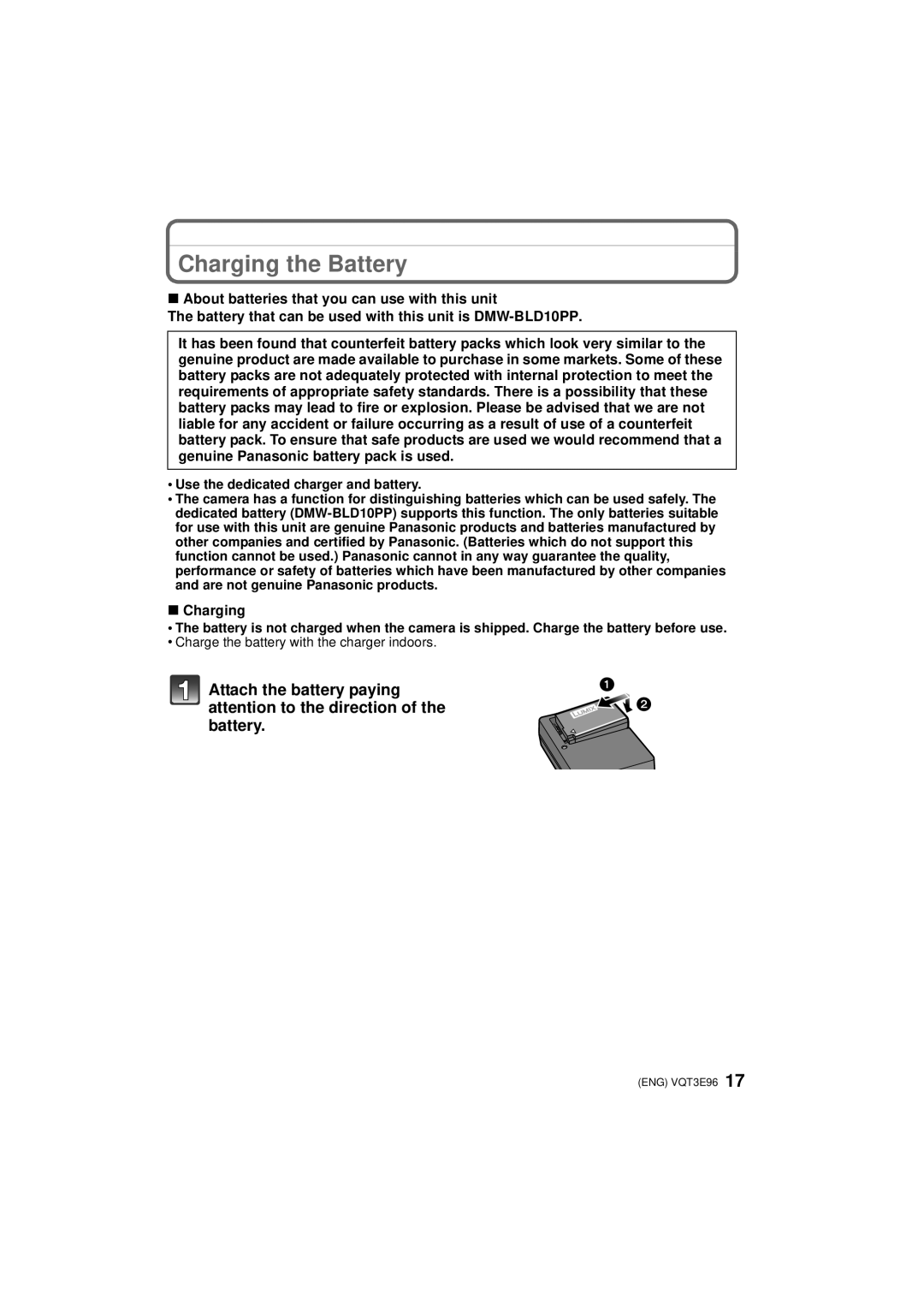 Panasonic DMCGF2KK, DMC-GF2KR, DMCGF2CS, DMCGF2CK, DMCGF2CR operating instructions Charging the Battery 