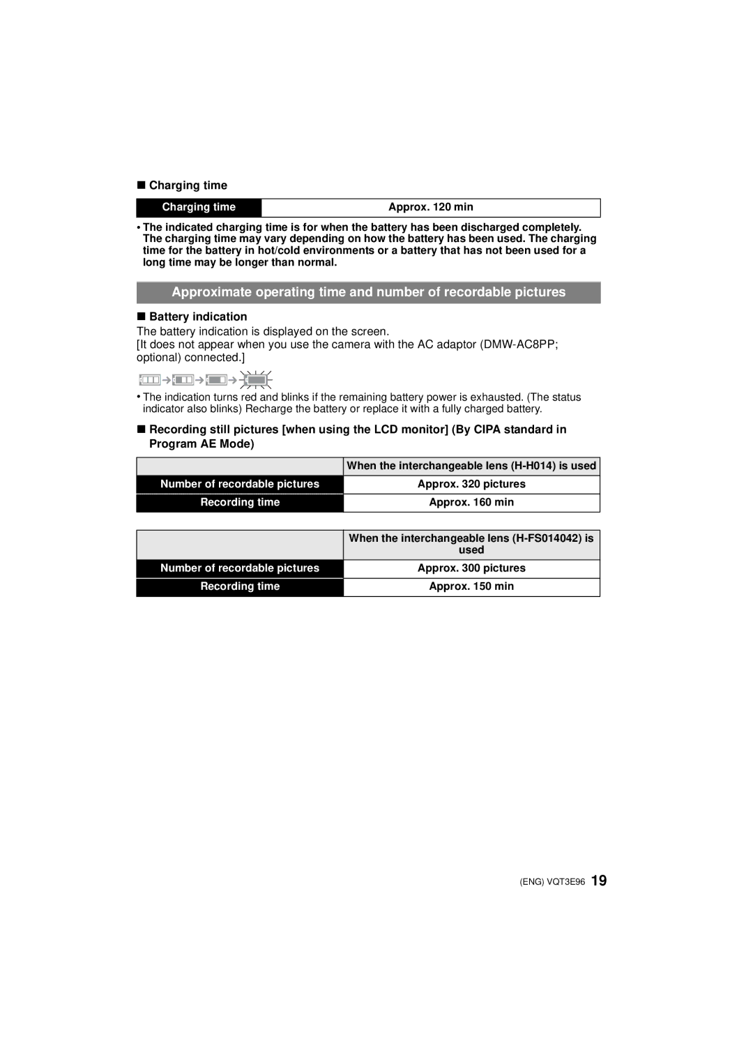 Panasonic DMCGF2CR, DMC-GF2KR, DMCGF2CS, DMCGF2KK, DMCGF2CK operating instructions Charging time, Battery indication 