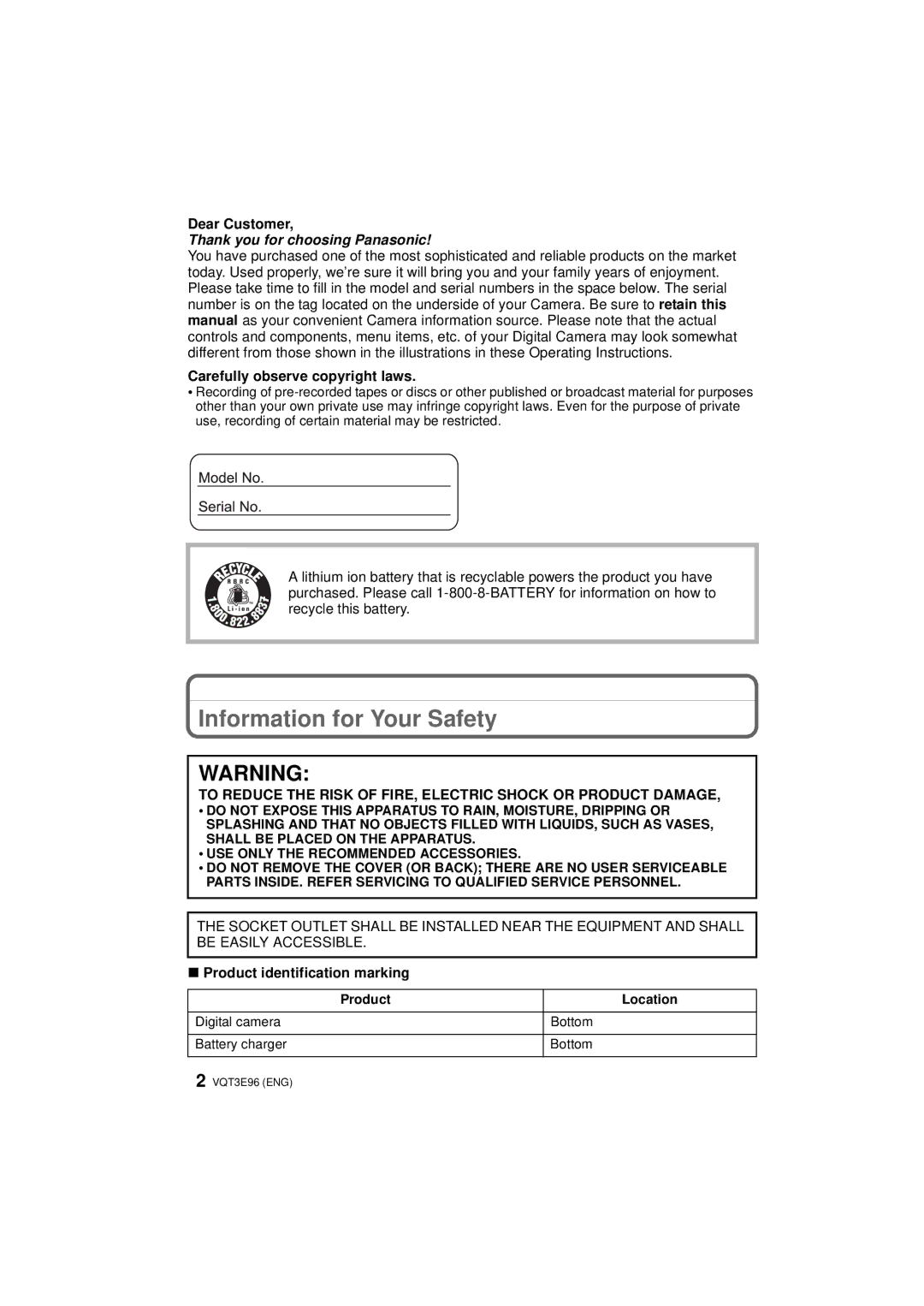 Panasonic DMCGF2KK Information for Your Safety, Dear Customer, Carefully observe copyright laws, Product Location 